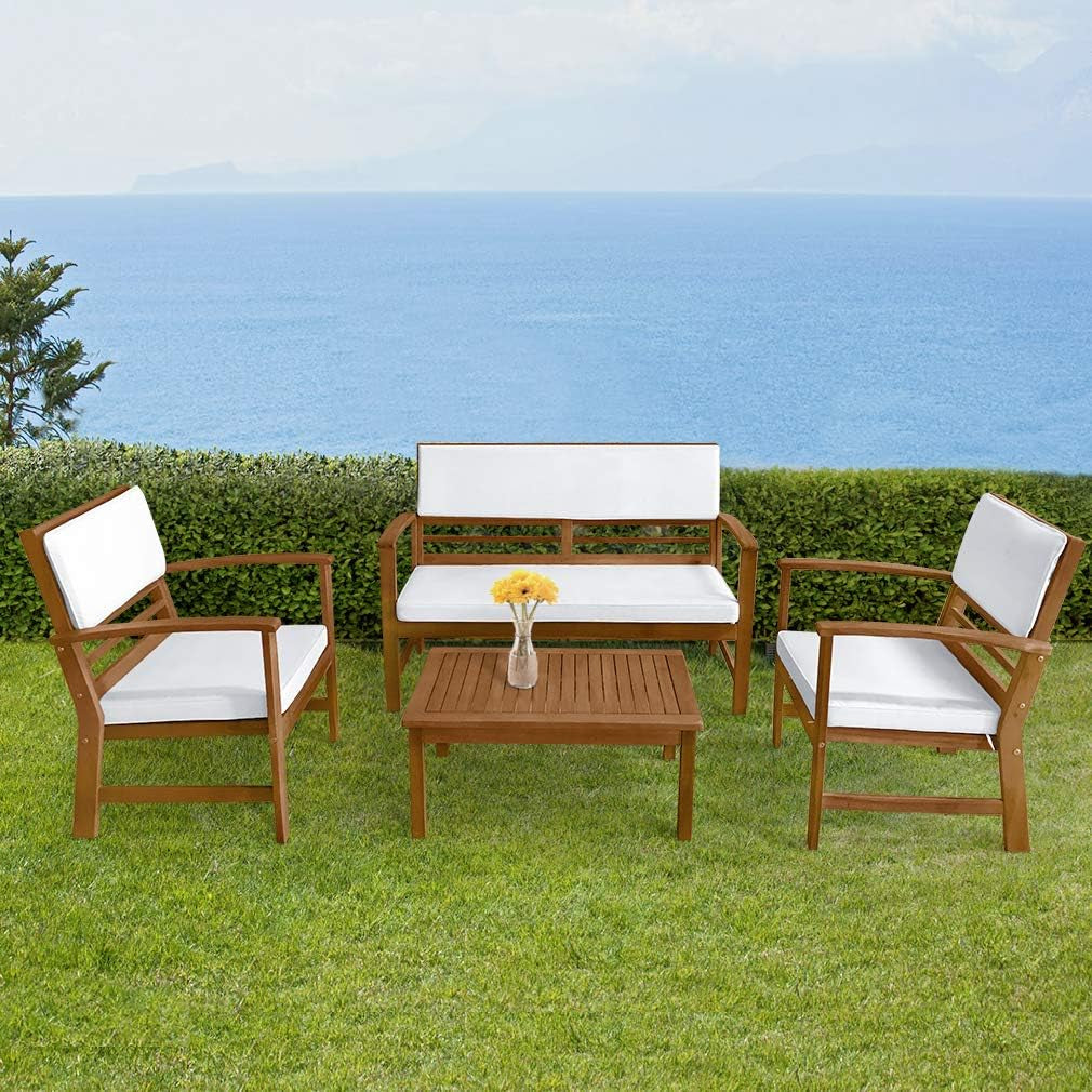 Patio Conversation Set Patio Furniture Patio Sofa Set Outdoor Chat Set 4-Piece Acacia Wood Outdoor Seating Set with Water Resistant Cushions and Coffee Table for Pool Beach Backyard Balcony Garden-1