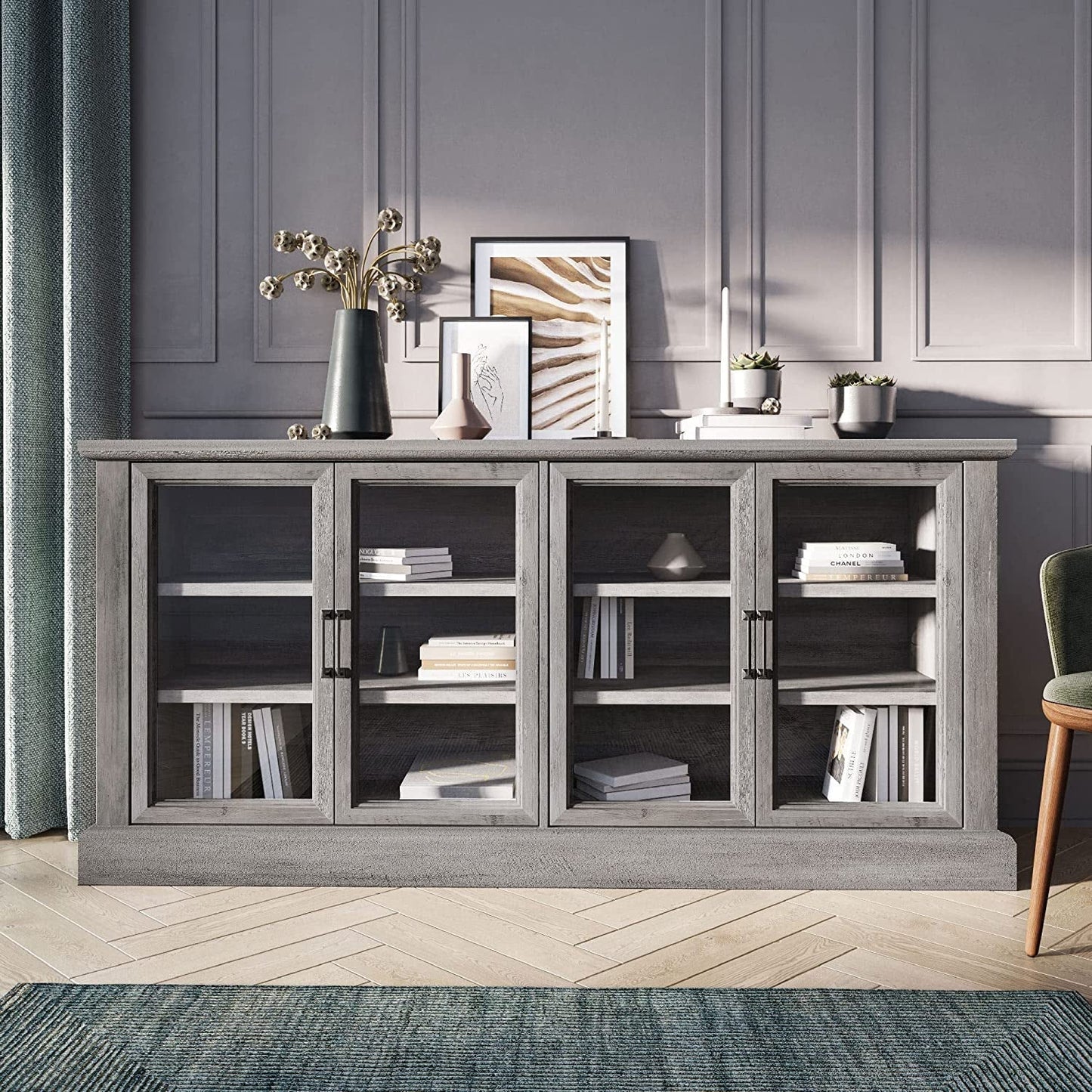 Gray Wash Sideboard with Glass Display Cabinet-0
