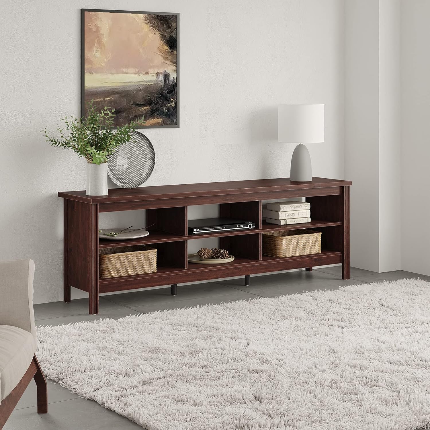 70 Inch TV Stand for 75+ Inch TV, Wood Entertainment Center with 6 Storage Shelf, Classic TV Console Table Media Table for Living Room & Bedroom, Brown-3