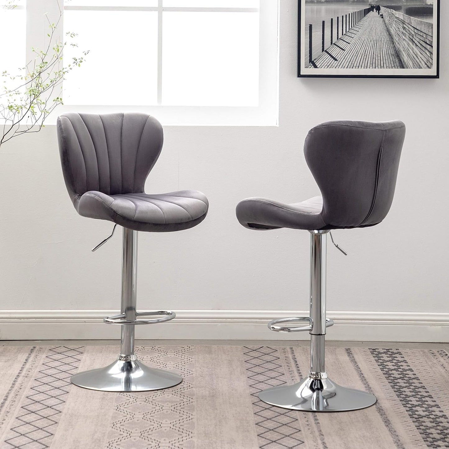 Ellston Velvet Adjustable Swivel Barstools in Gray, Set of 2, Grey-4