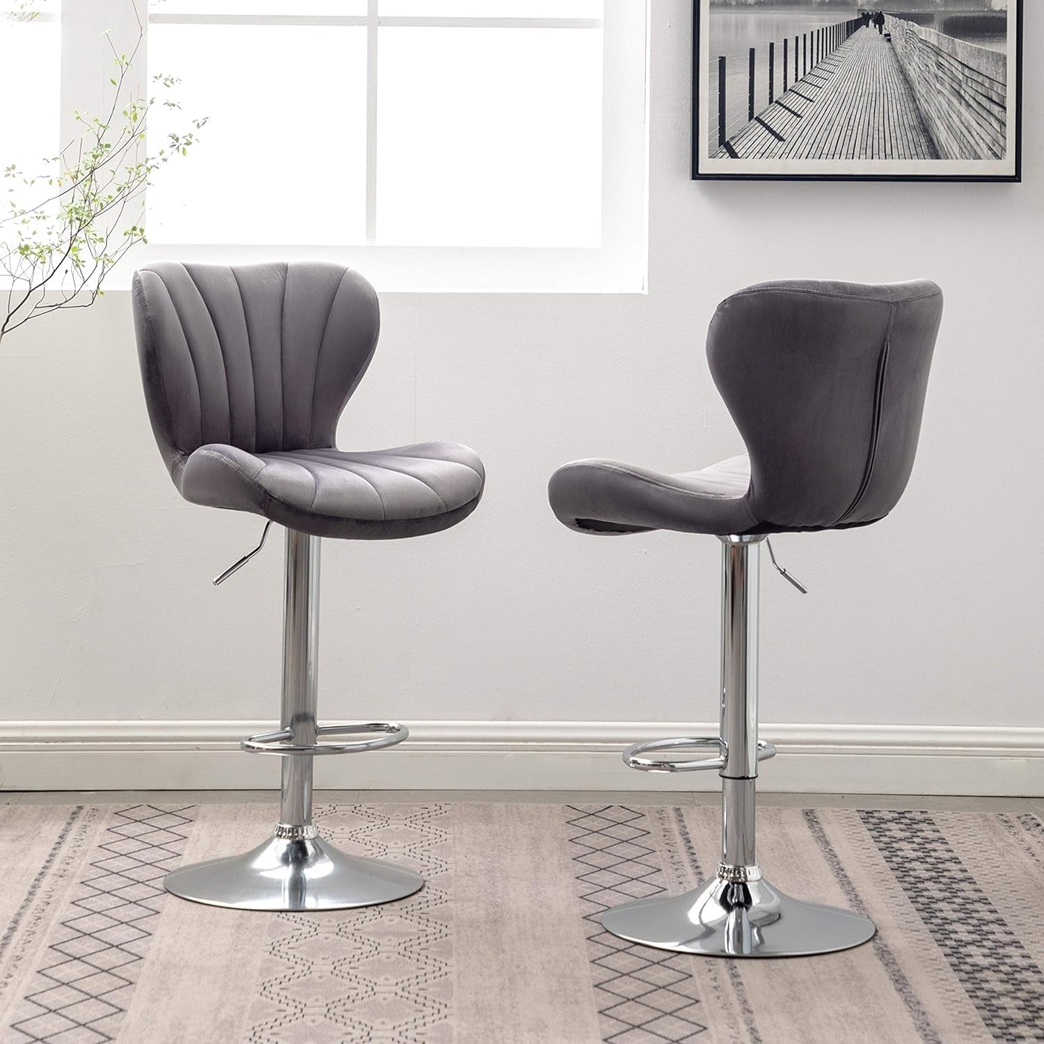 Ellston Velvet Adjustable Swivel Barstools in Gray, Set of 2, Grey-4
