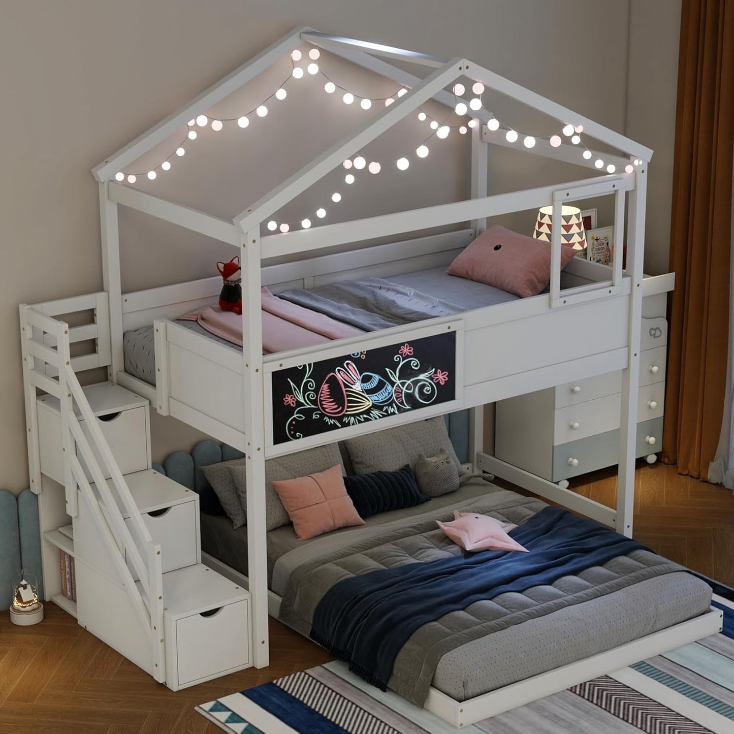 Twin over Full House Bunk Bed with Storage Staircase & Blackboard, Wood Kids Bunk Bed with Roof and Safety Guardrails, Playhouse Bunk Beds for Kids, Teens, Adults, No Box Spring Required, White-0