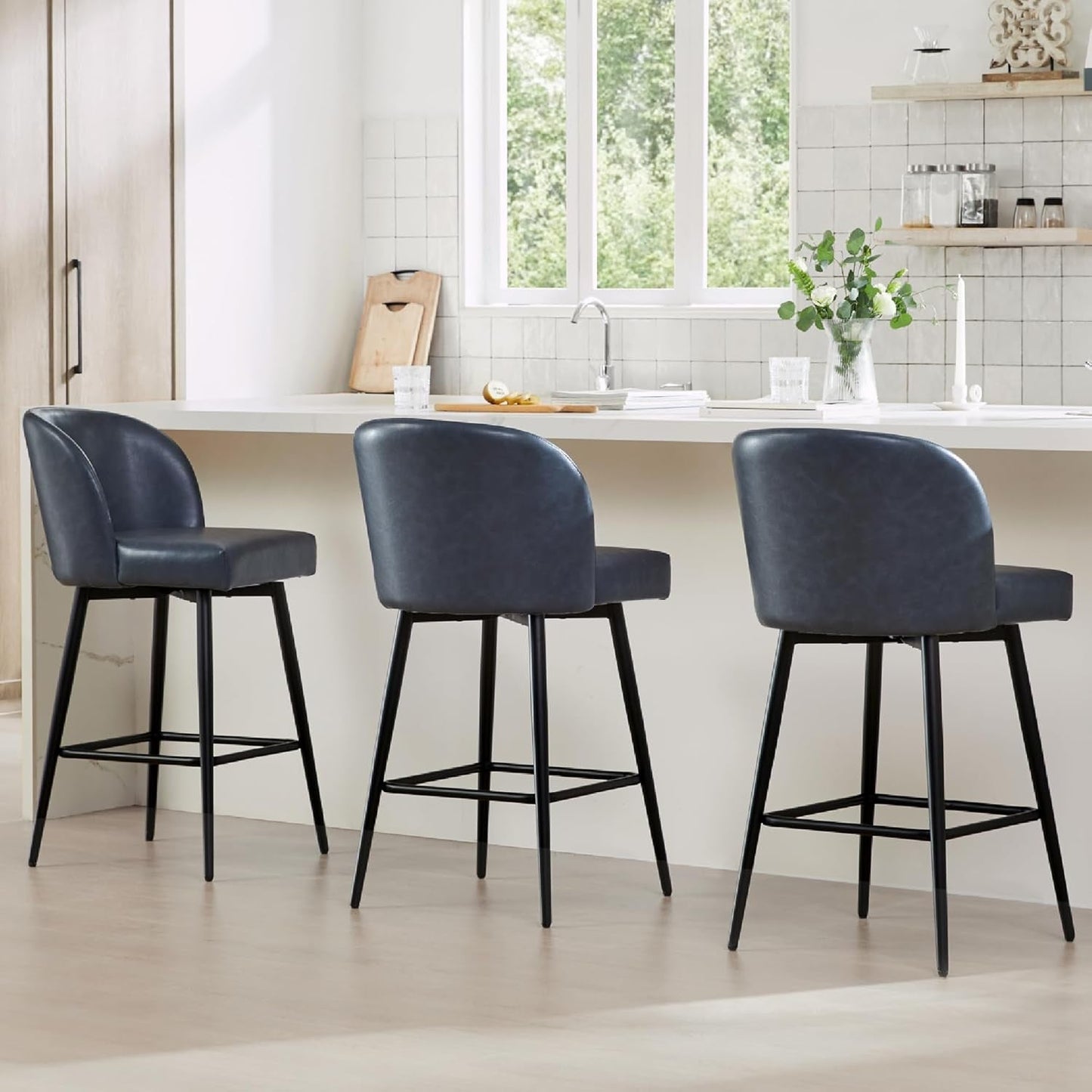 Counter Height Bar Stools Set of 3, 360° Swivel Upholstered Barstools with Backs and Metal Legs, 26" H Seat Height, Faux Leather in Blue-0
