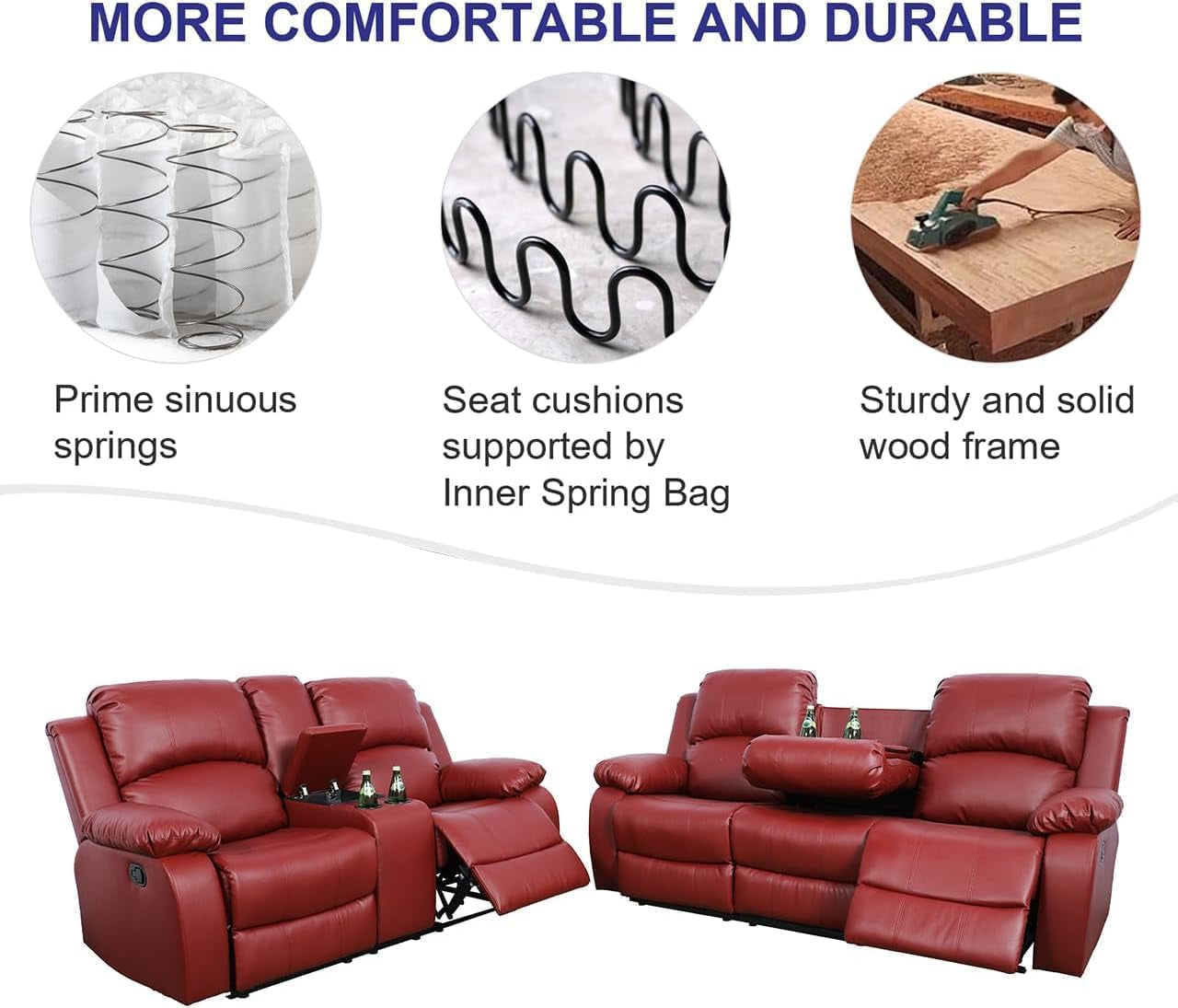 Bonded Leather Living Room Furniture Set Reclining Sofa Set Loveseat Furniture Sets in Living Room Sofa Recliners (Sofa+Loveseat, Red)-4
