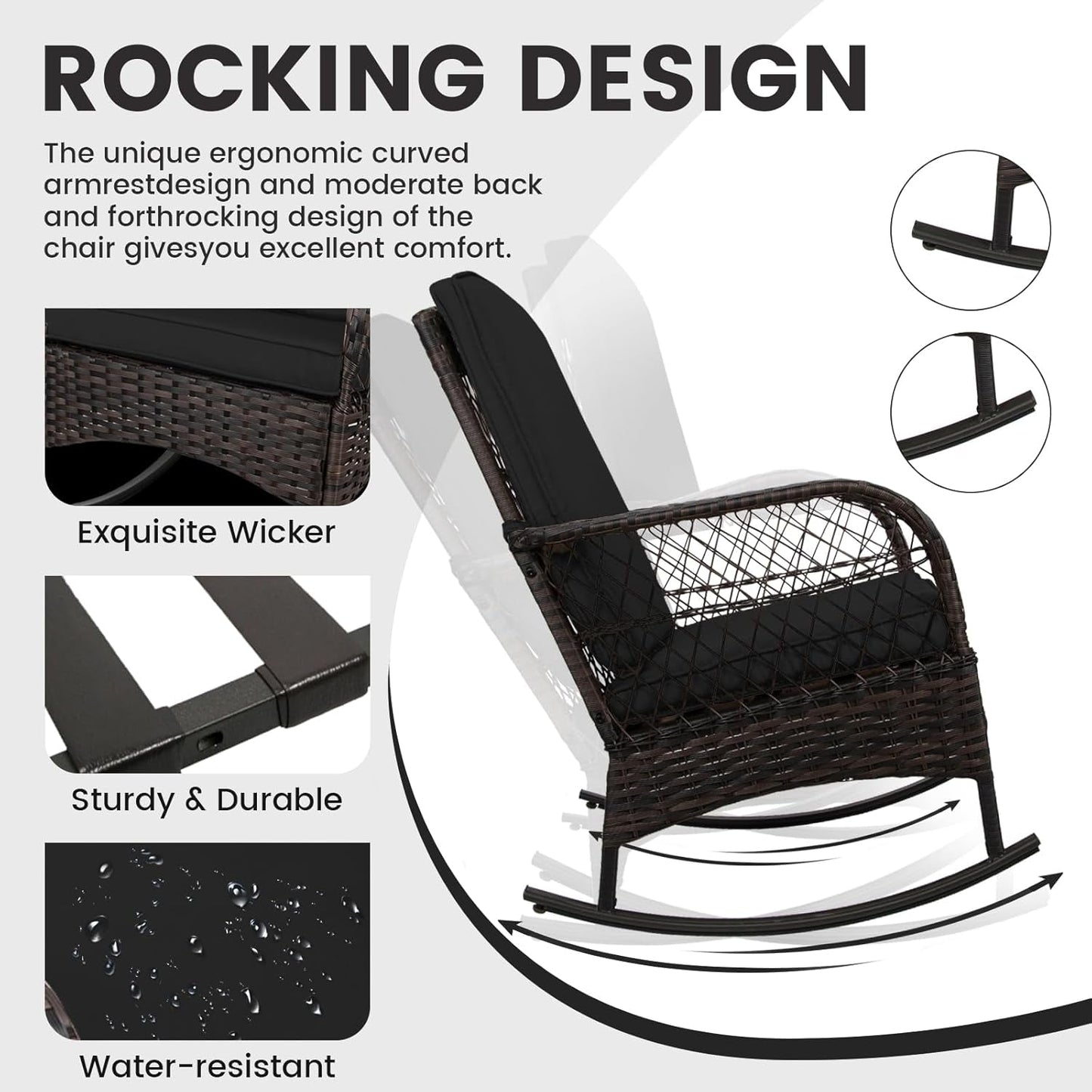 3 Pcs Rocking Bistro Set Conversation Chairs PE Wicker Outdoor Rocking Chairs(Rocking Set,Black)-2