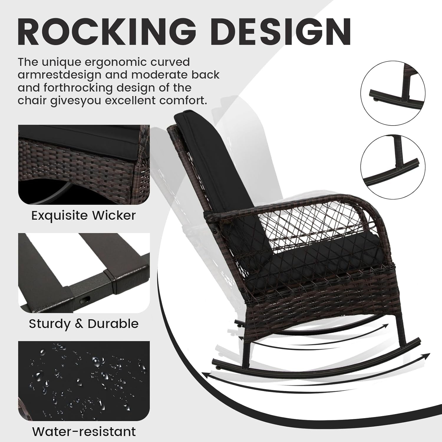 3 Pcs Rocking Bistro Set Conversation Chairs PE Wicker Outdoor Rocking Chairs(Rocking Set,Black)-2