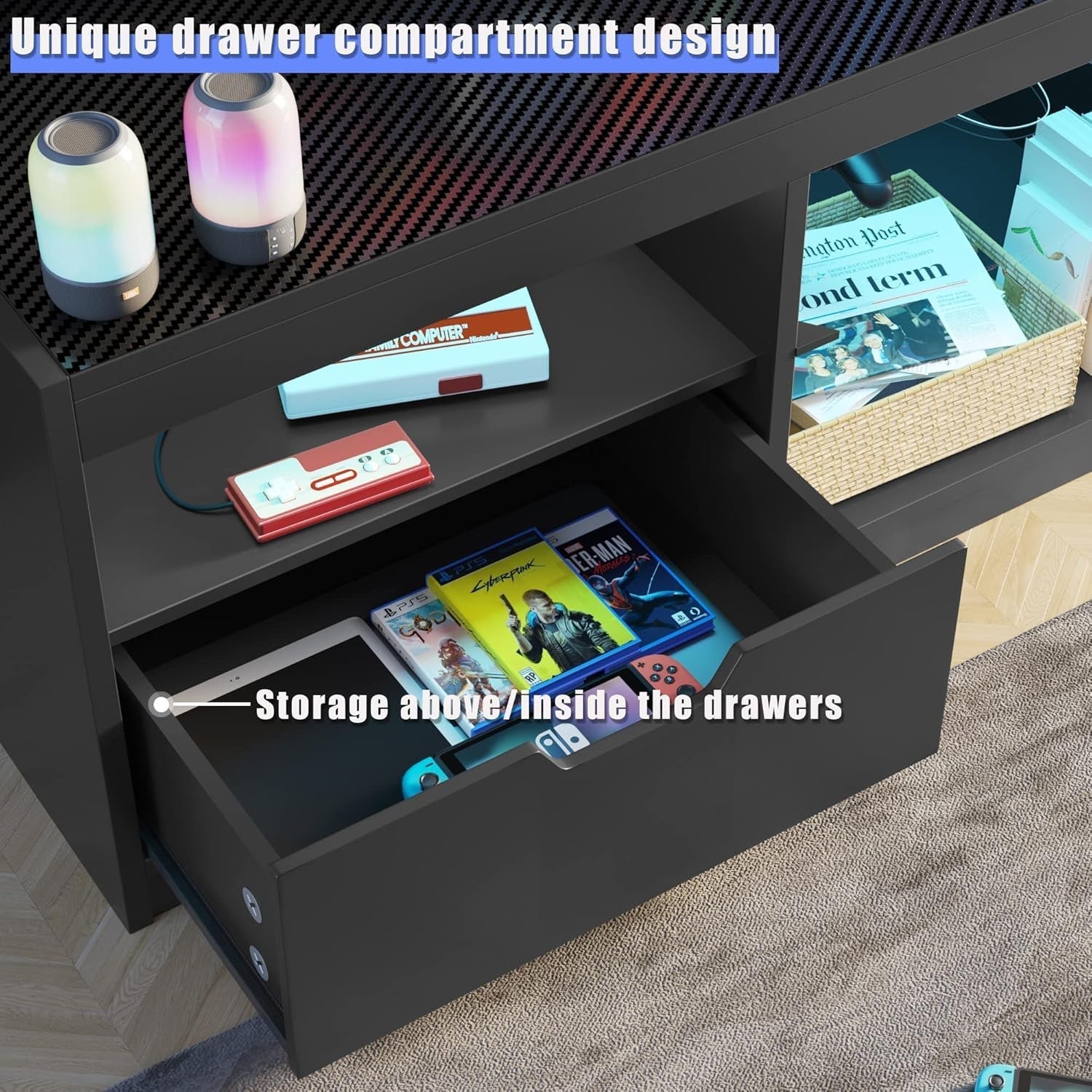 TV Stand, Entertainment Center LED Gaming TV Stand for 65+ Inch TV Carbon Fiber Top, Dynamic RGB Modes TV Cabinet Console with Adjustable Glass Shelves Storage Drawers (Black)-3