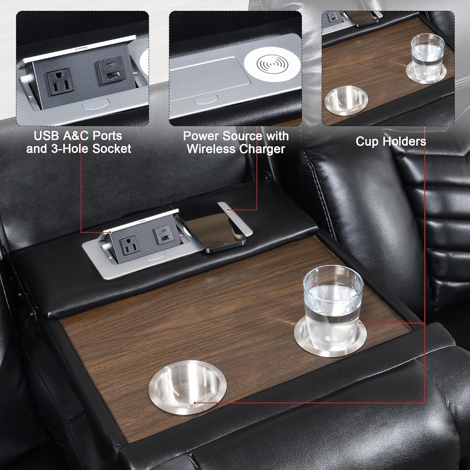 Power Reclining Sofa Set with LED Light,0 Gravity Air Leather Recliner Sofa Set with Bluetooth Speaker,Wireless Charger,Storage Console,Usb Ports,Cup Holders for Living Room/Office(2Pcs,Black)-4