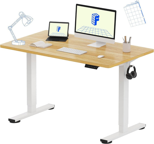 EN1 One Piece Standing Desk, 48 X 24 Inches Height Adjustable Desk Electric Stand up Desk Home Office Table for Computer Laptop (White Frame + Maple Desktop)-0