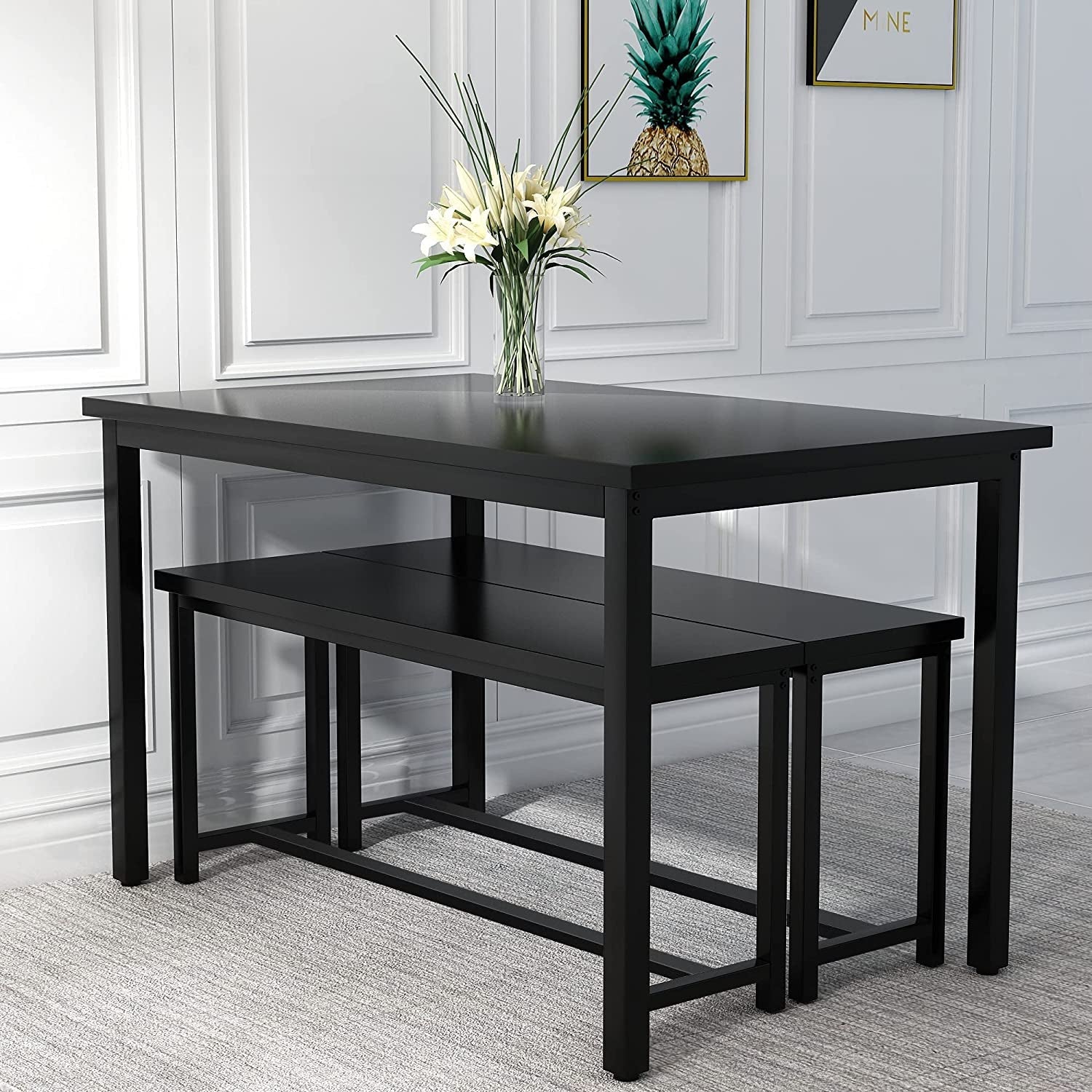 3-Piece Dining Table Set with 2 Benches, Sturdy Structure-2