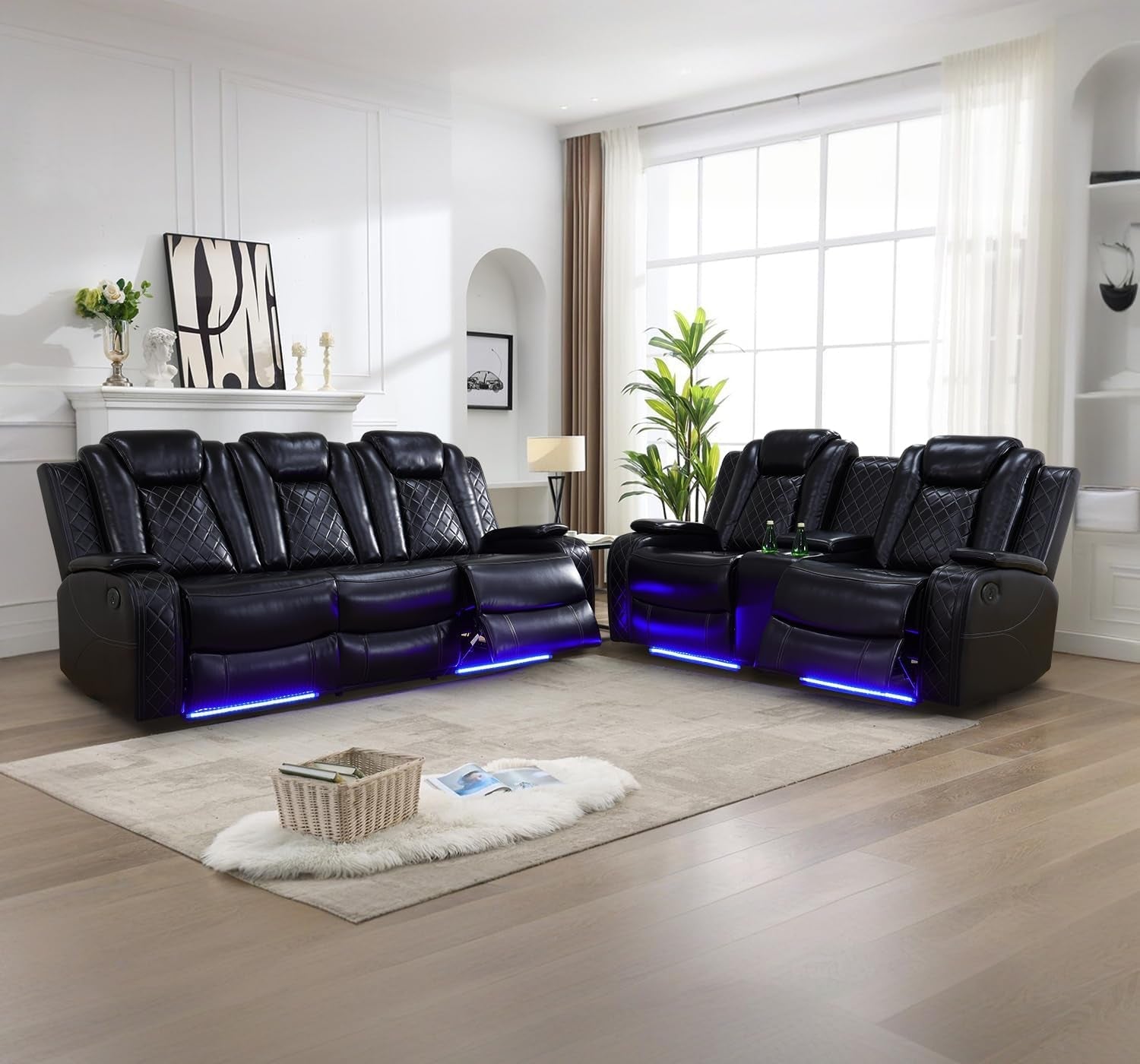 Power Recliner Sofa Set with LED Lights,Leather Living Room Furniture Set with USB Port/Cup Holders,Reclining Sofa for House/Home Theater(Sofa&Loveseat 2 Pieces, Black)-0