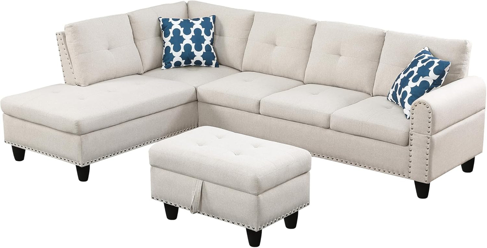 3 Piece Modular Sectional Couch Corner Sofa with Movable Ottoman and Left Hand Facing Chaise Lounge, Reversible Sofá W/Drop down Backrest & Cupholders for Living Room Furniture Sets-2