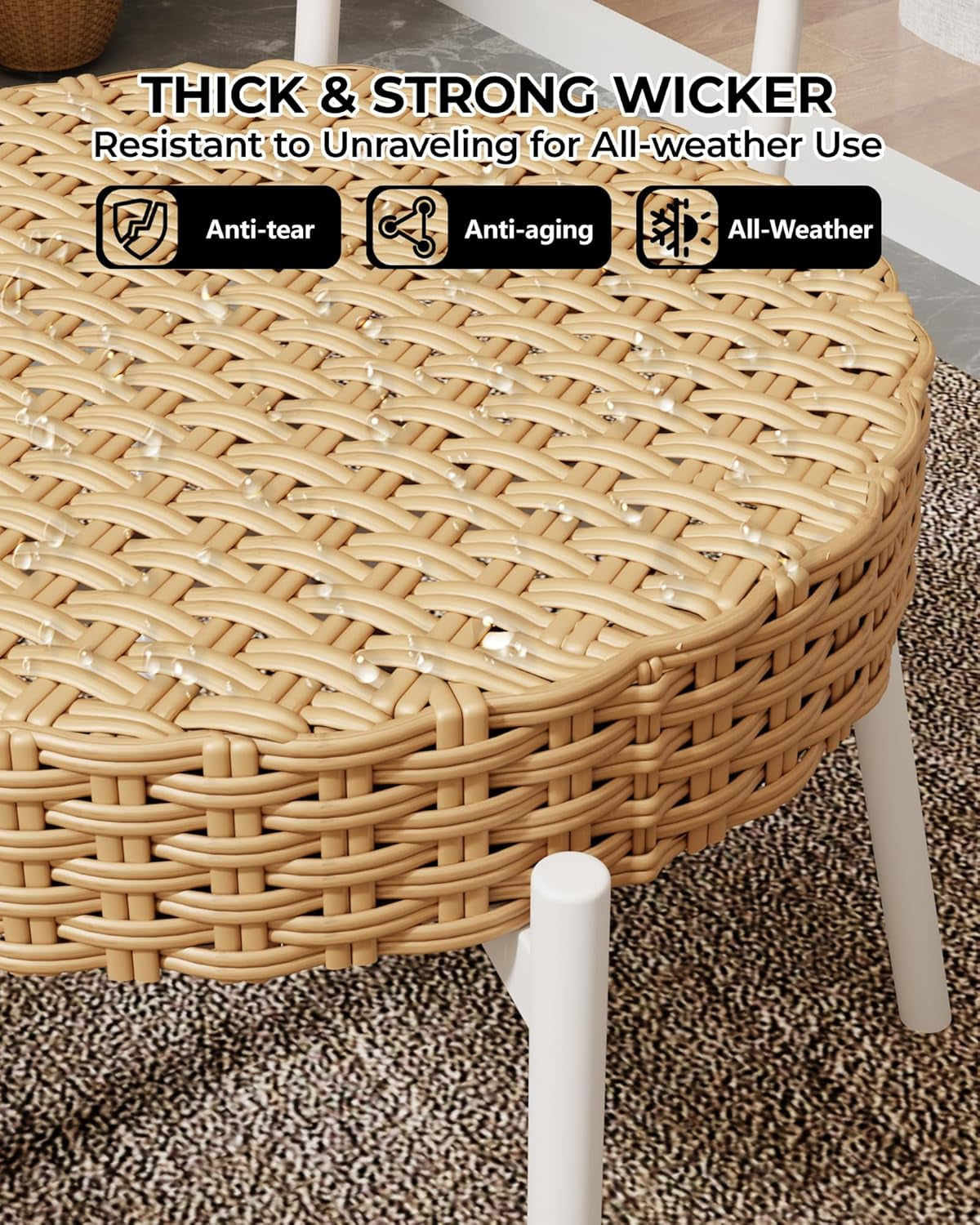 3 Pieces Patio Set, Outdoor Wicker Bistro Set All-Weather Rattan Deck Conversation Set of 3 with Table & Cushions for Deck, Patio, Balcony, Backyard, Brown & White-3
