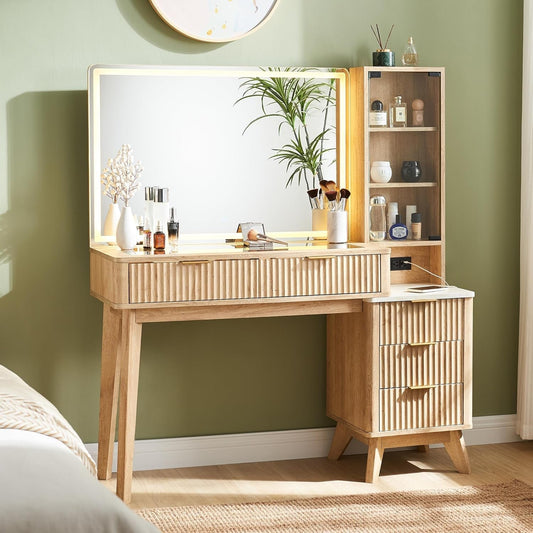 Oak Fluted Vanity Large Mirror, Lights, Drawers, Charge-0