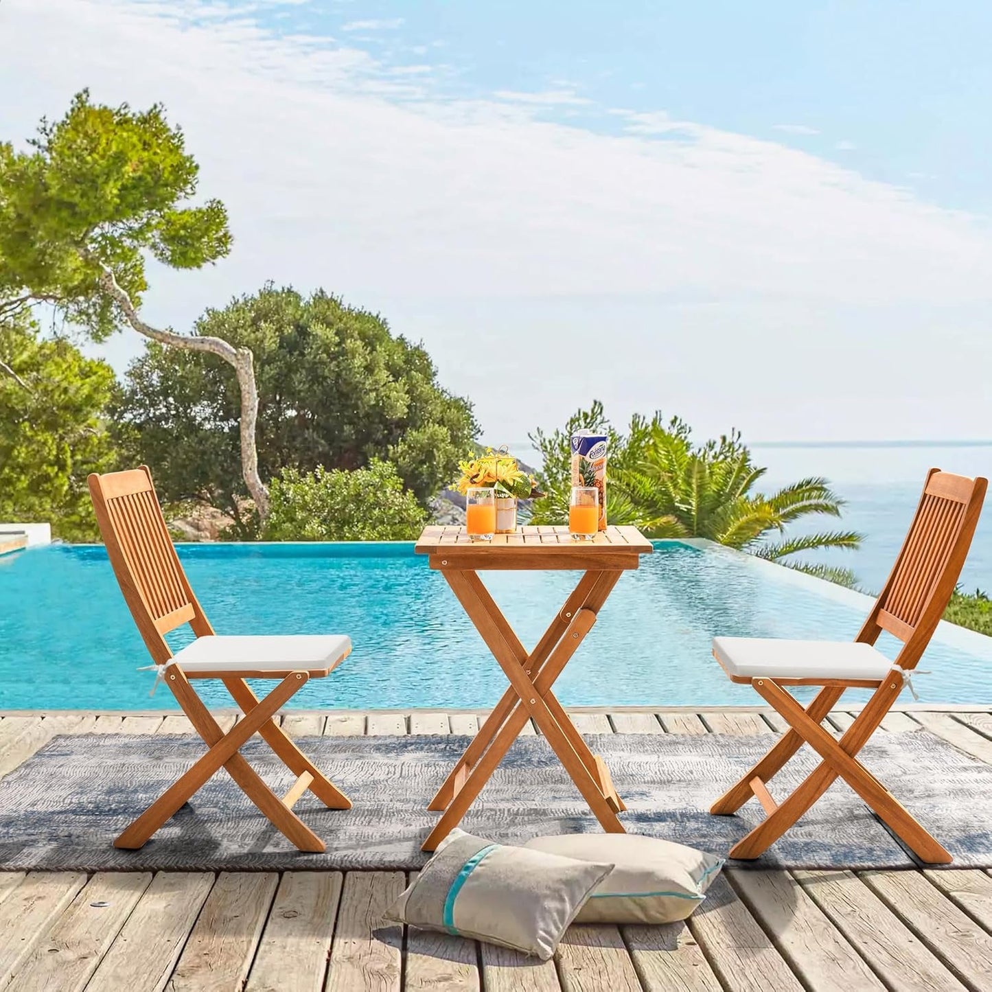 Outdoor 3 Piece Folding Patio Bistro Set Acacia Wood Bistro Table and Chairs Set of 2 for Garden Poolside Backyard Balcony Porch Deck-4