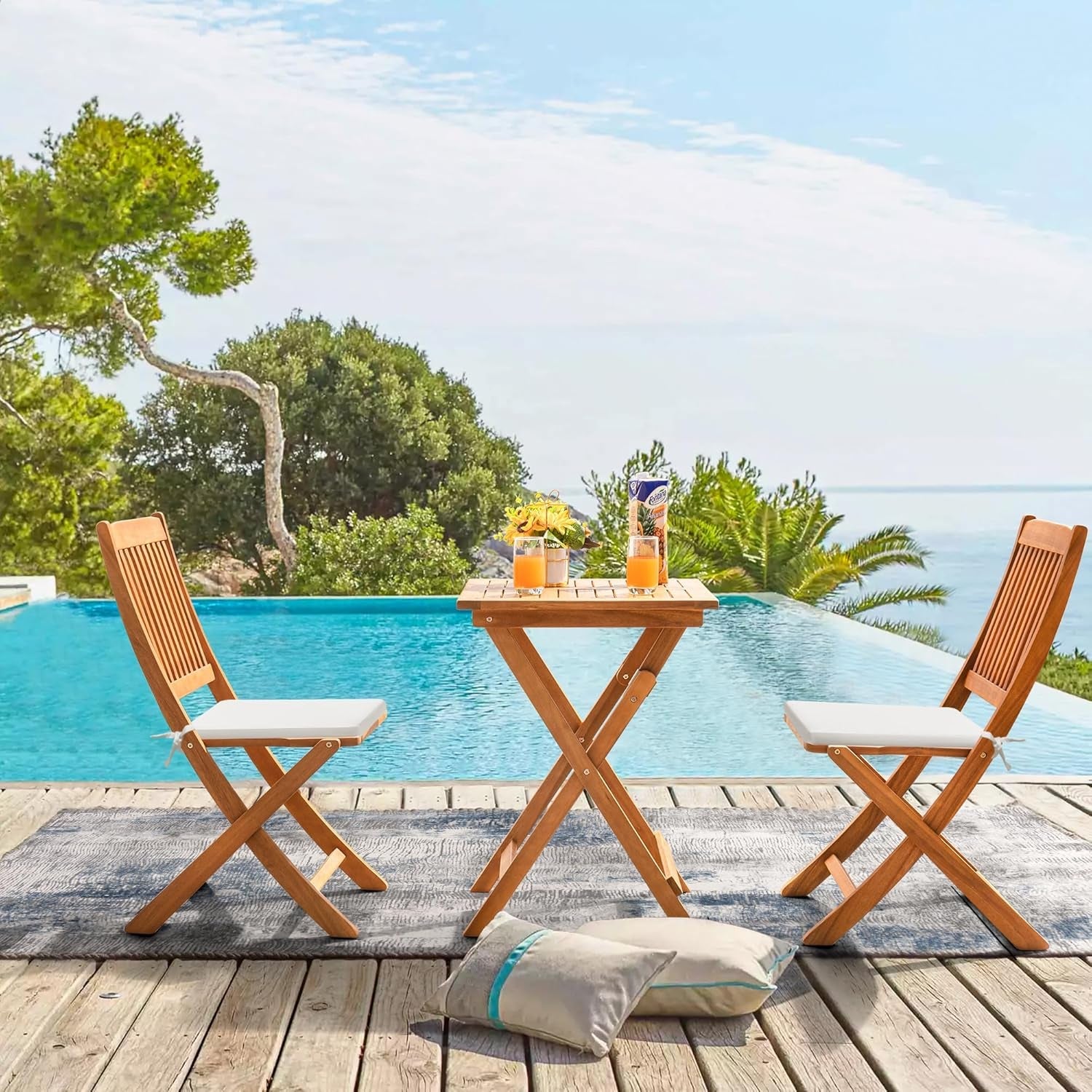 Outdoor 3 Piece Folding Patio Bistro Set Acacia Wood Bistro Table and Chairs Set of 2 for Garden Poolside Backyard Balcony Porch Deck-4