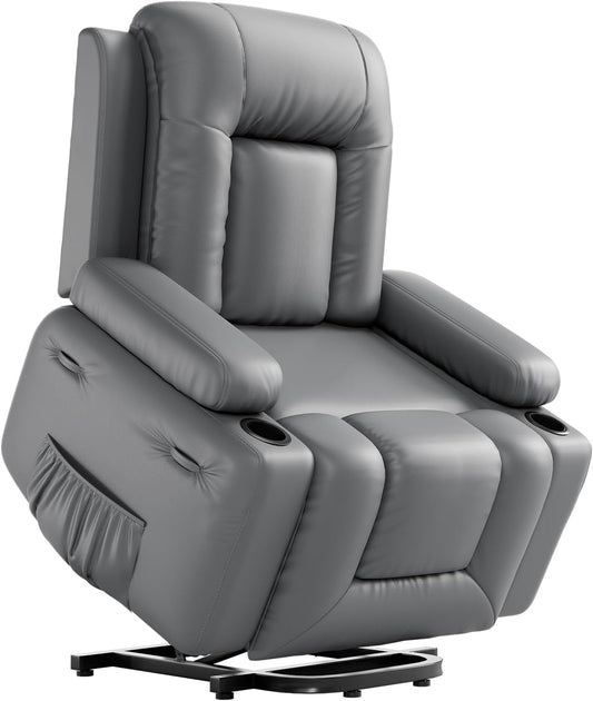 Power Lift Recliner Chair PU Leather with Massage for Elderly Ergonomic Lounge Chair Classic Single Sofa with 2 Cup Holders Side Pocket (Gray, 22" Seat Width + Cup Holder)-0