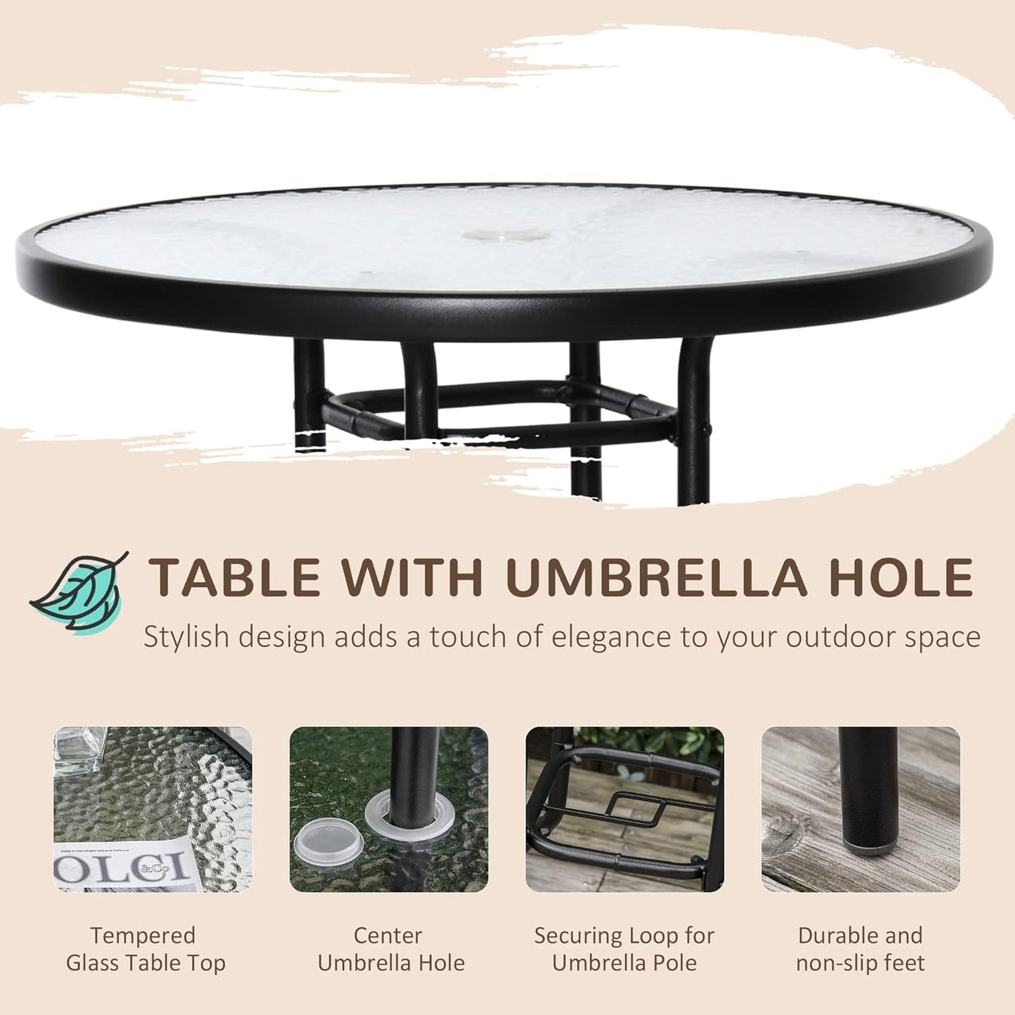 4 Piece Outdoor Patio Dining Furniture Set, 2 Folding Chairs, Adjustable Angle Umbrella, Wave Textured Tempered Glass Dinner Table, Beige-2