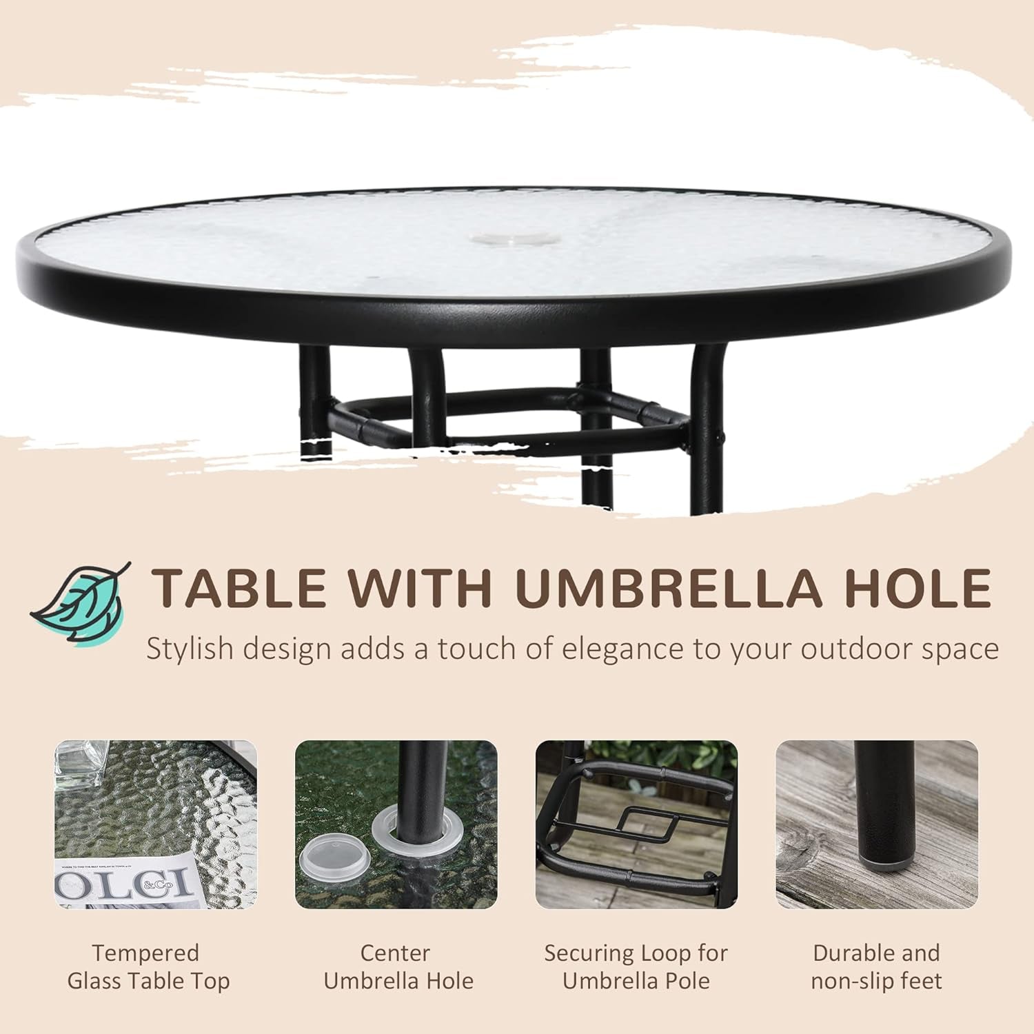 4 Piece Outdoor Patio Dining Furniture Set, 2 Folding Chairs, Adjustable Angle Umbrella, Wave Textured Tempered Glass Dinner Table, Beige-2