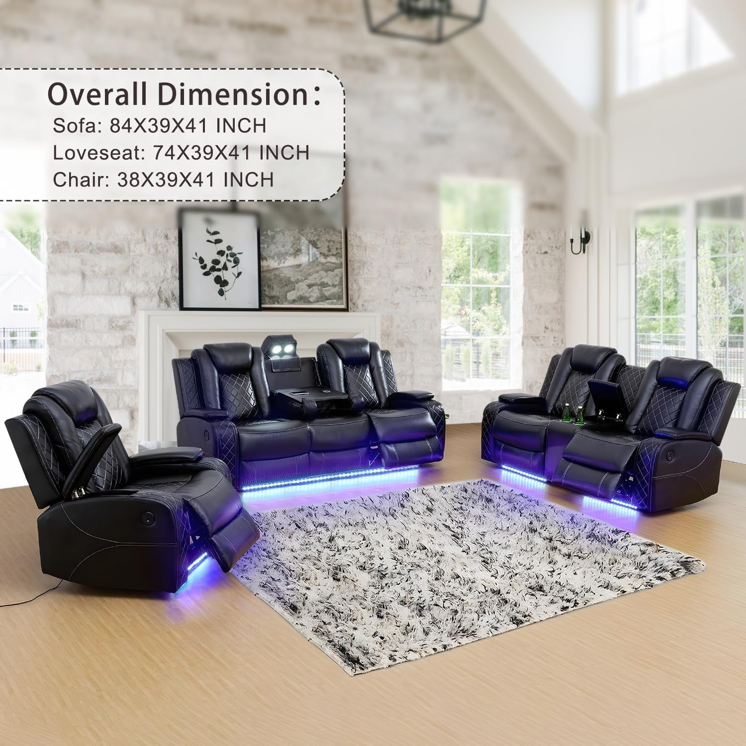 Power Leather Recliner Sofa Set with LED Lights,Living Room Furniture Set, Breathing Leather Sofa Couch with USB Port/Storage Console/Cup Holders (3 Pieces Reclining Sofa Set, Black)-2