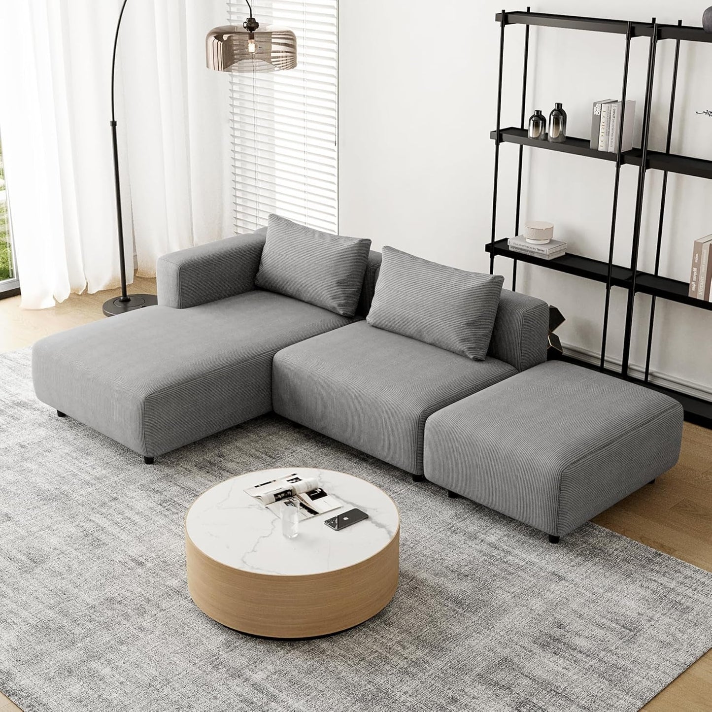 Soft Corduroy Sectional Modular Sofa Set, Modern L-Shaped Chaise Couch for Living Room, Apartment, Office, Small Spaces, Grey-4