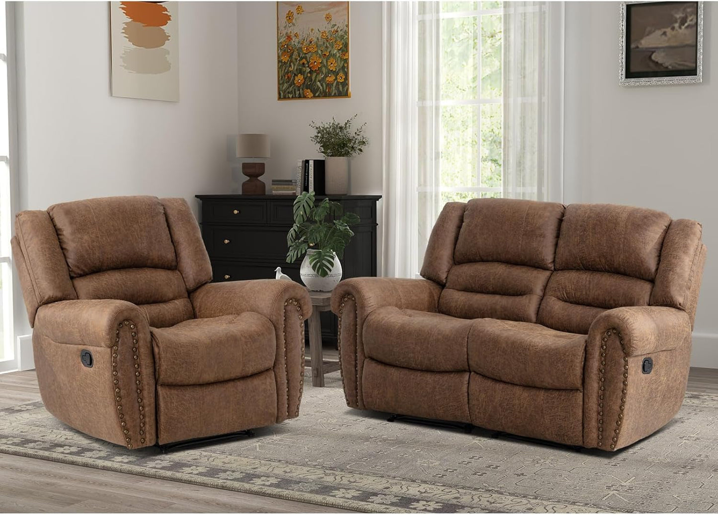 Manual Recliner Sofa Set, Faux Leather Reclining Living Room Set, Included Single Recliner Chair and Loveseat Manual Recliner Sofa, Brown(Recliner+ Loveseat)-0