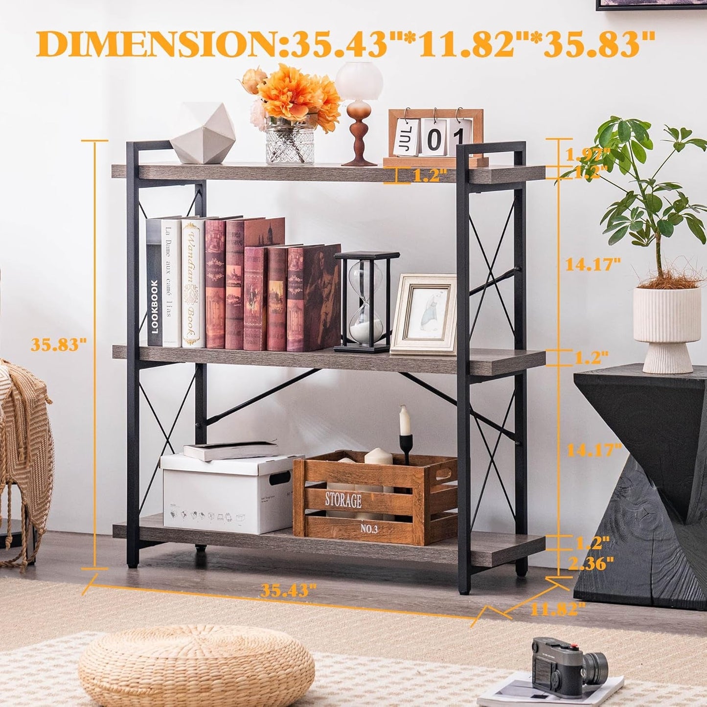 Bookshelf, 3-Tier Industrial Bookcase, Rustic Open Book Shelf, Freestanding Horizontal Bookshelves with Metal Frame-2