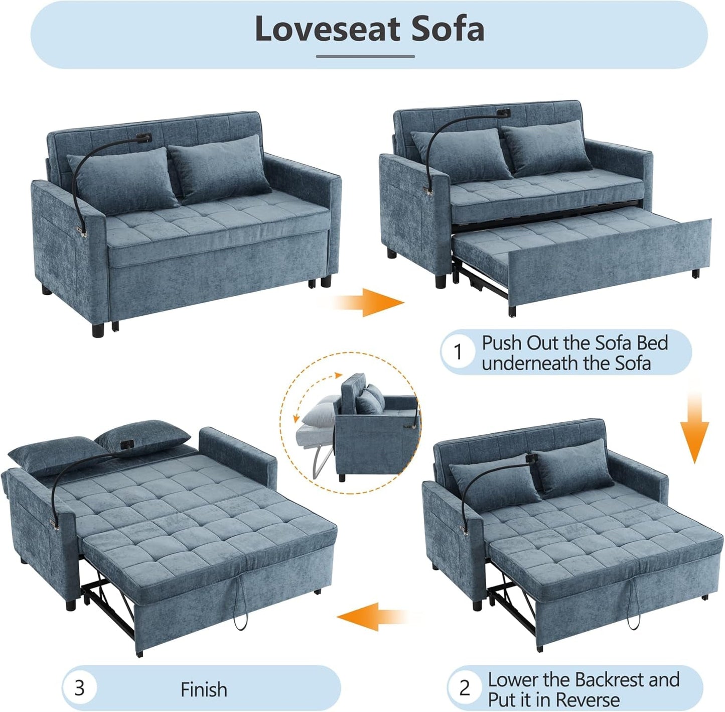 Pull-Out Sleeper Sofa Bed with Reversible Backrest and Two Throw Pillows, 3 in 1 Foton Couch with USB Ports & Phone Holder, Chenille Loveseat for Living Room, Blue-4