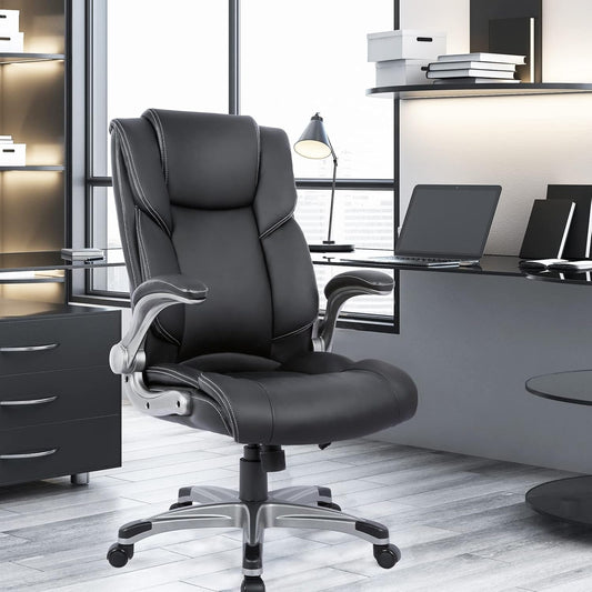 High Back Executive Office Chair- Ergonomic Home Computer Desk Leather Chair with Padded Flip-Up Arms, Adjustable Tilt Lock, Swivel Rolling Chair for Adult Working Study-Black-1