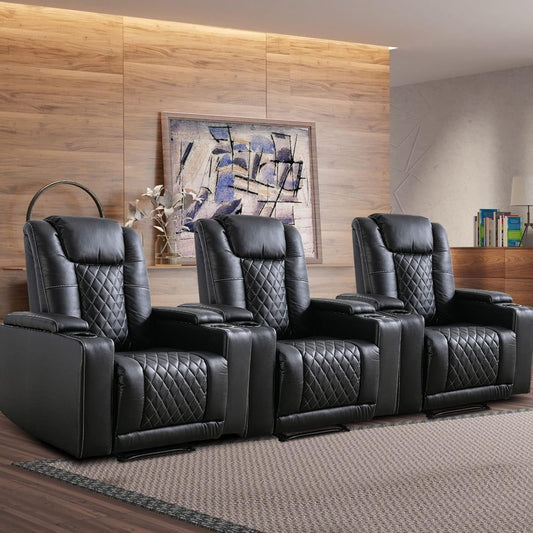 Power Recliner Chair Set of 3, PU Leather Electric Home Theater Seating with USB Ports and Cup Holders, Black Overstuffed Reclining Furniture with Hidden Arm Storage-0