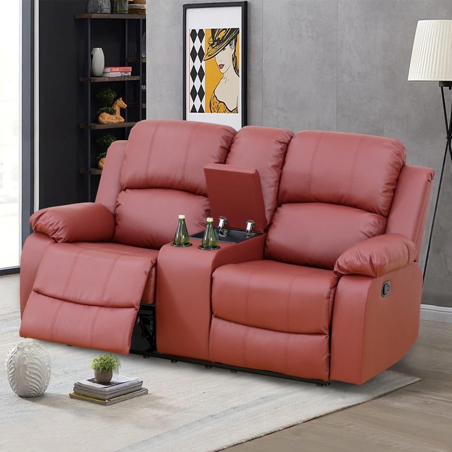 Red Leather Reclining Loveseat for Living Room Furniture, Double Recliner Sofa Couch 2 Seater Sofa with Storage Console/Two Cup Holders/Faux Leather-0
