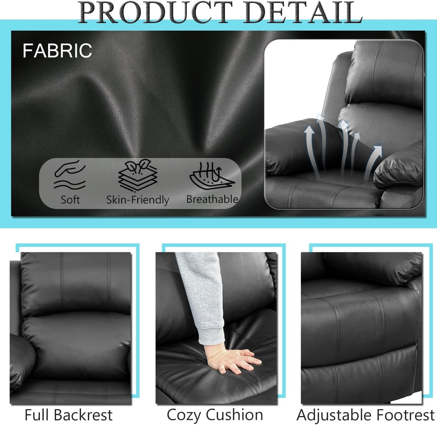 Leather Recliner Sofa Set，Leather Reclining Sofa Set for Living Room Furniture Sets，Black Recliner Couch Set for Living Room/Office/Theater Seating(Sofa Set 3 Pieces)-3