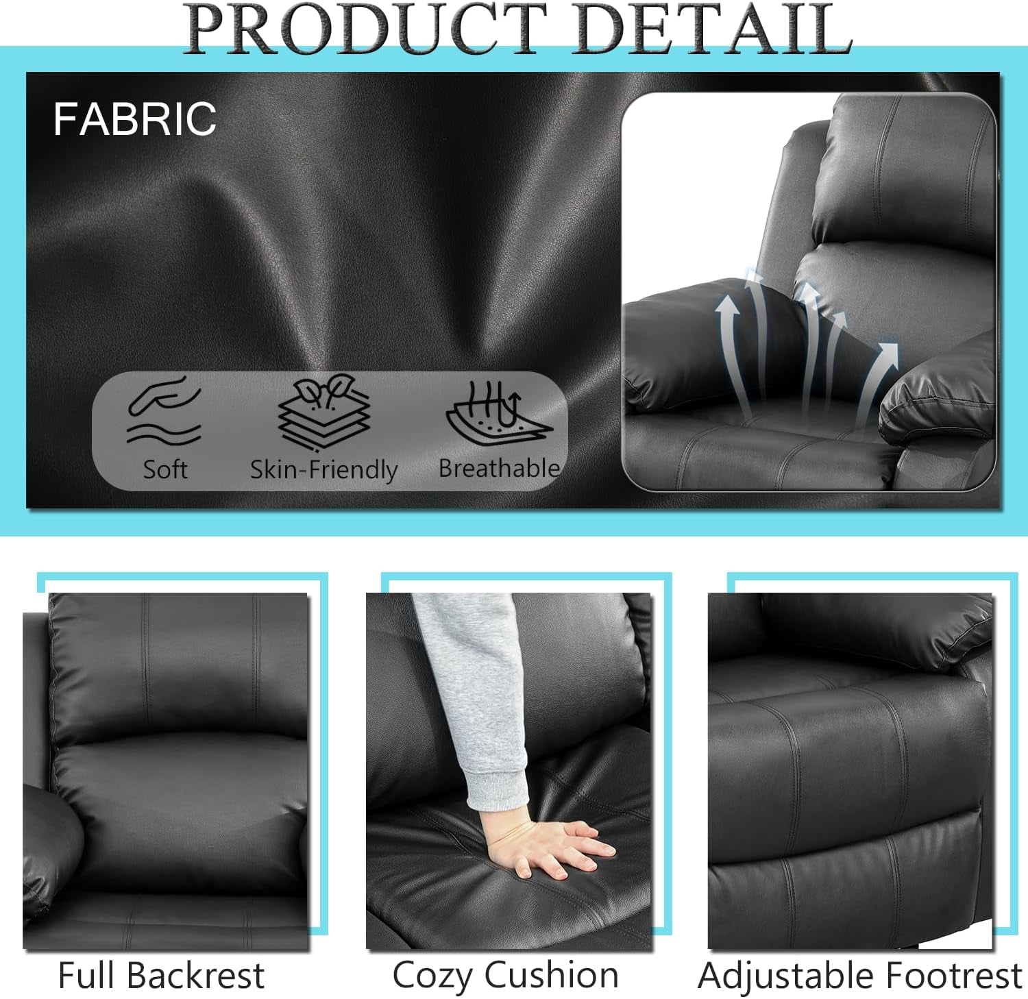 Leather Recliner Sofa Set，Leather Reclining Sofa Set for Living Room Furniture Sets，Black Recliner Couch Set for Living Room/Office/Theater Seating(Sofa Set 3 Pieces)-3