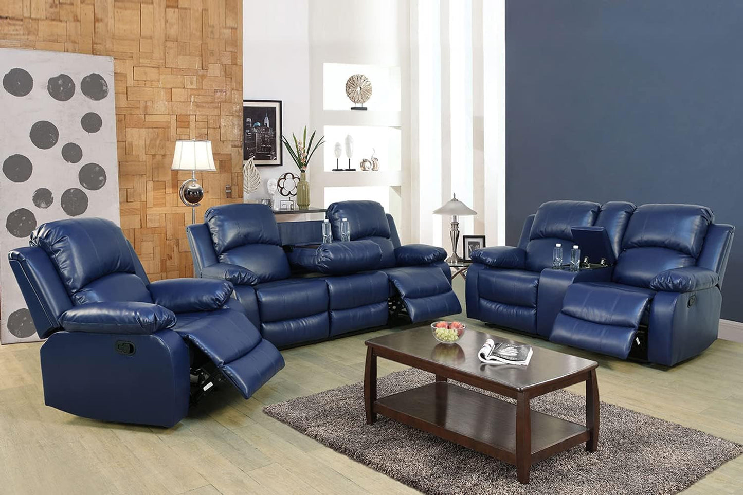 Blue Leather Reclining Sofa Set for Living Room Set,Recliner Sofa with Drop down Table/Double Recliner Loveseat with Storage Console/Recliner Chair/Faux Leather-0