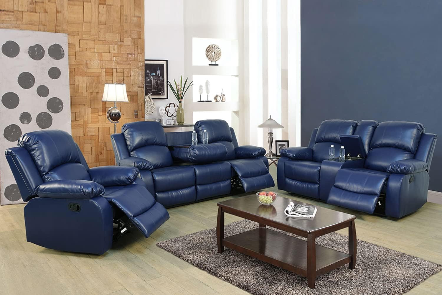 Blue Leather Reclining Sofa Set for Living Room Set,Recliner Sofa with Drop down Table/Double Recliner Loveseat with Storage Console/Recliner Chair/Faux Leather-0