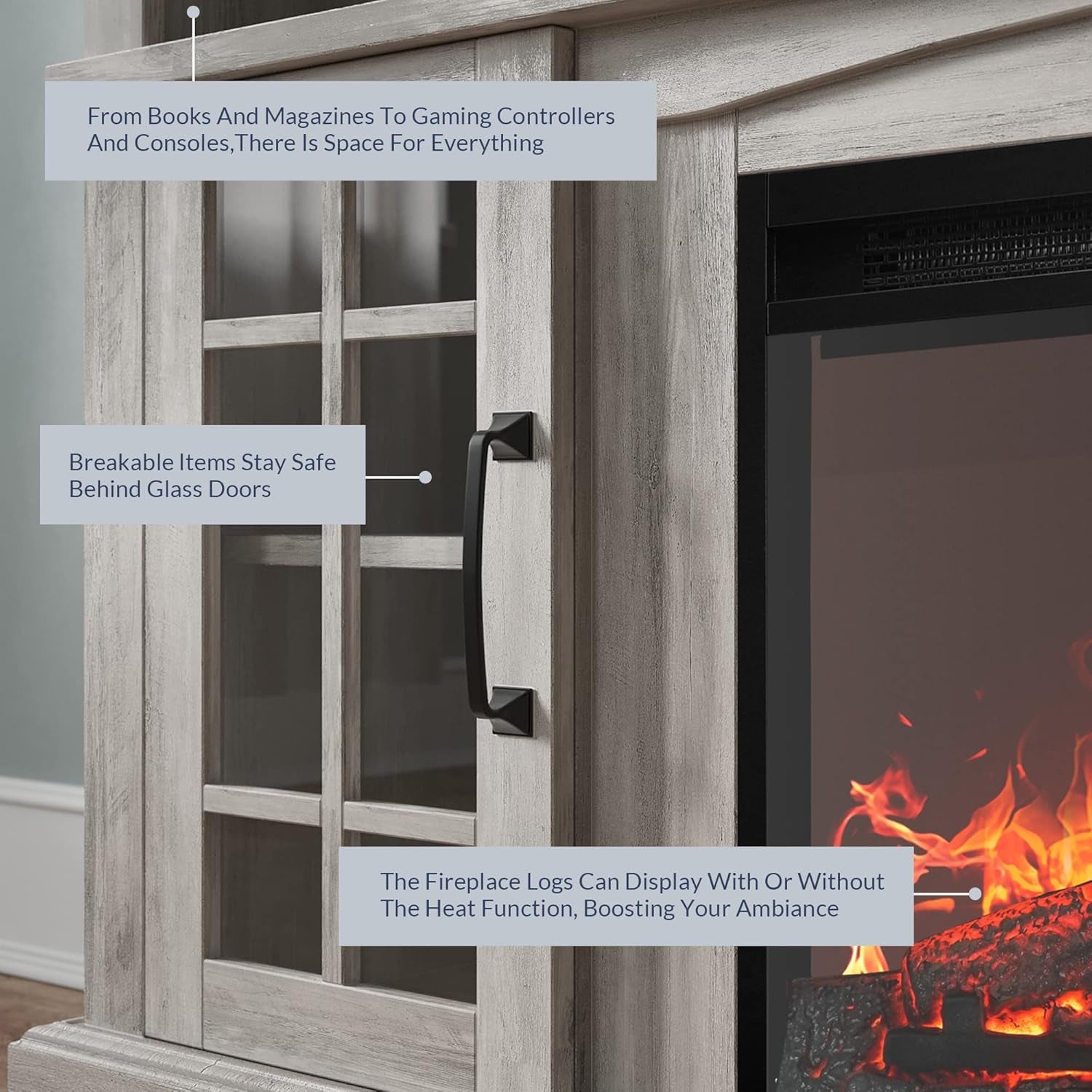 Traditional 58" Rustic TV Stand with 23" Electric Fireplace Heater with Sound, Media Entertainment Center Console Table for TV up to 65" with Open Storage Shelves and Cabinets - Grey Wash-2