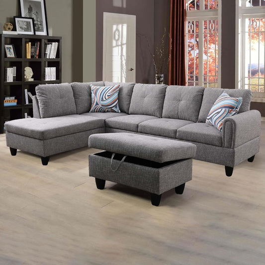 3-Piece Flannel Sectional Sofa Set with Left Facing Chaise and Storage Ottoman, Pillow, L-Shaped Couch for Living Room, Office, Apartment, Grey-0