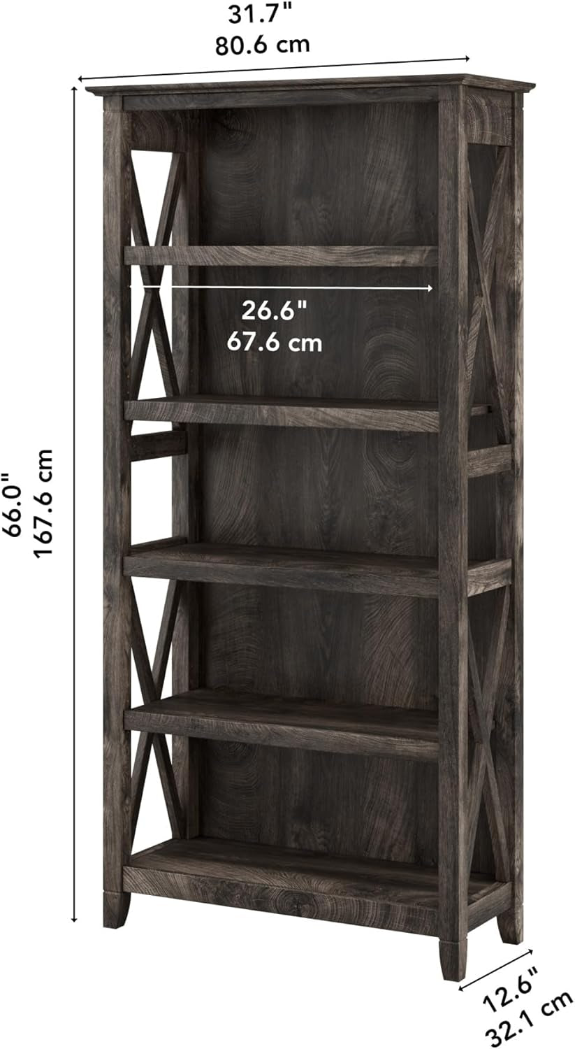 Bush Furniture Tall 5 Shelf Bookcase for Living Room or Home Office, Large Bookshelf, Modern Farmhouse Style, Key West Collection, Dark Gray Hickory-2