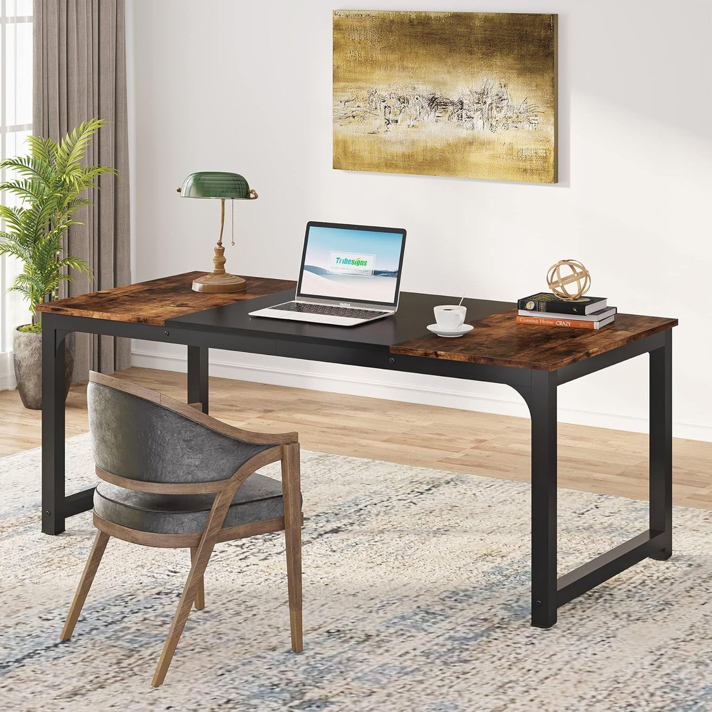Modern Computer Desk, 63 X 31.5 Inch Large Office Desk Computer Table Study Writing Desk Workstation for Home Office, Vintage Black Metal Frame-2
