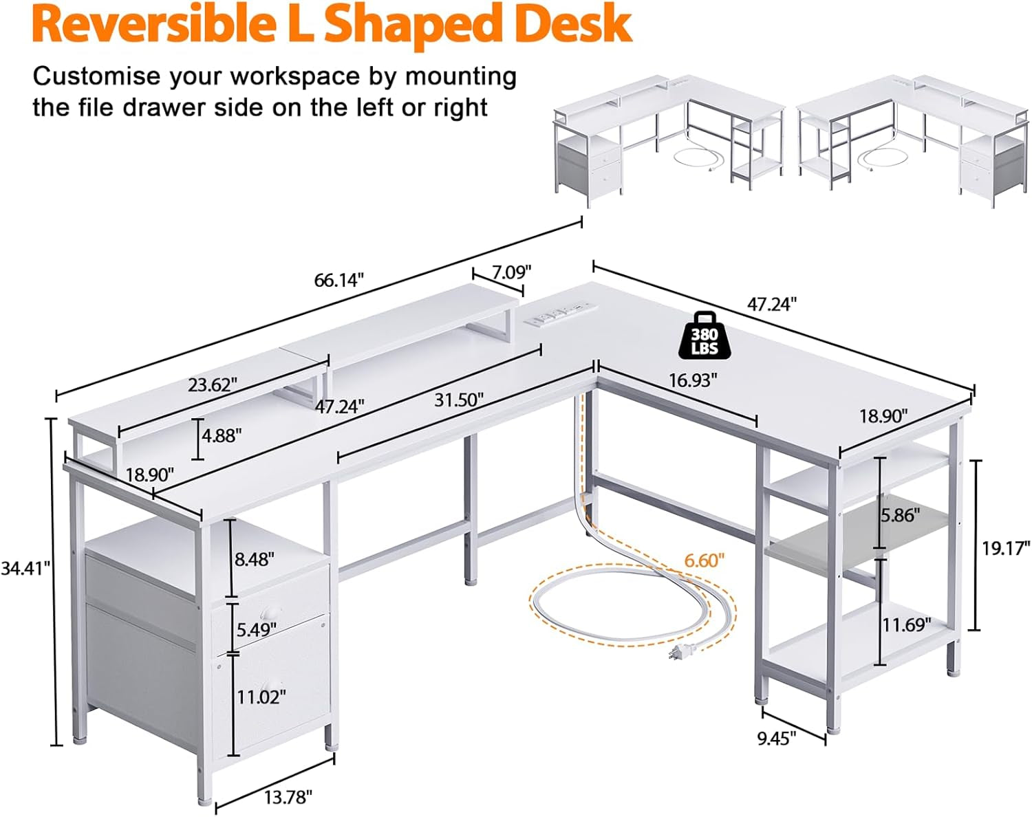 66” L Shaped Desk with Power Outlet, Reversible Computer Gaming Desk with File Drawer & 2 Monitor Stands for Home Office with Storage Shelves, White-2