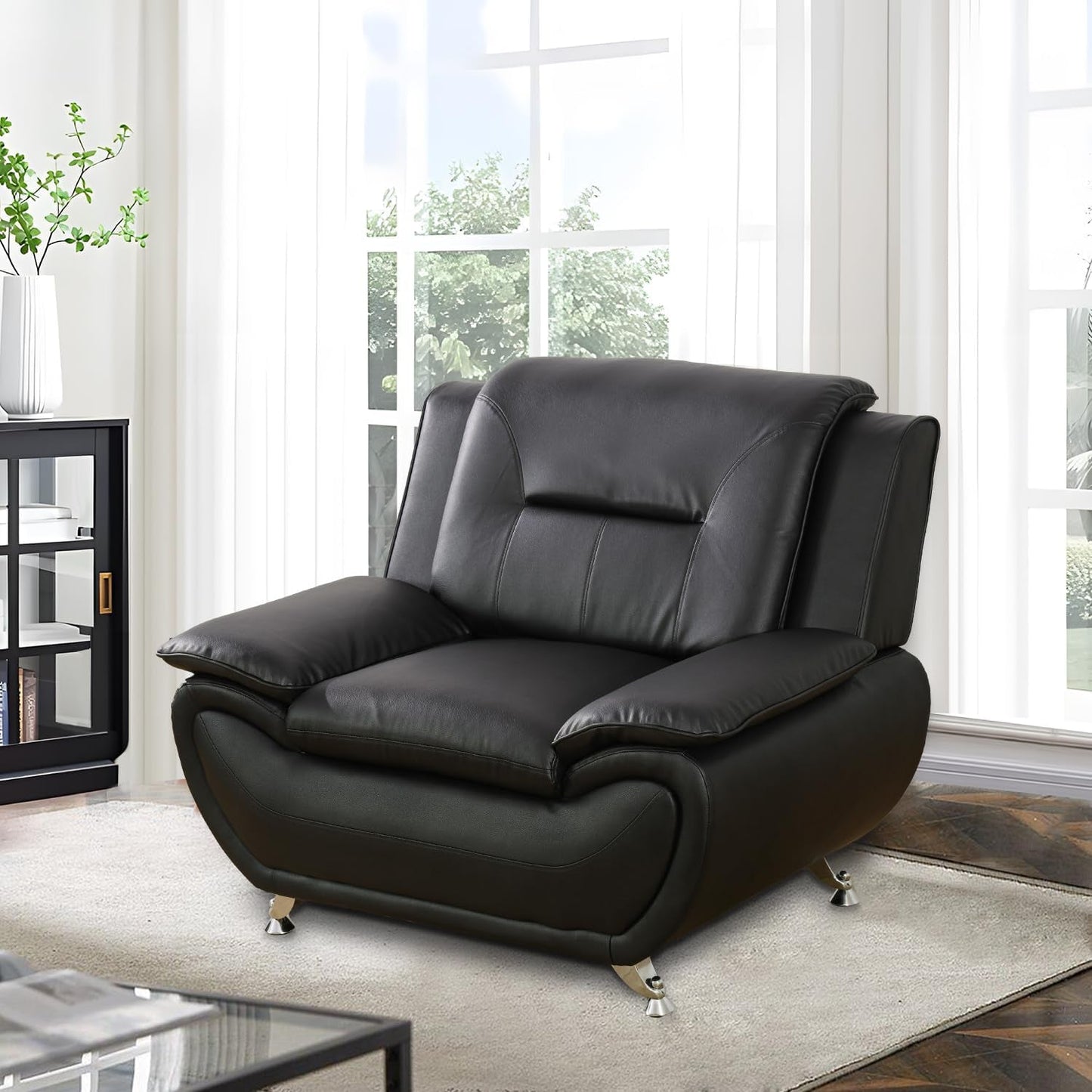 Living Room Furniture Set, Faux Leather Sofa Couch Set, 3 Pieces Modern Sofa Set for Living Room/Apartment/Office (Black)-3