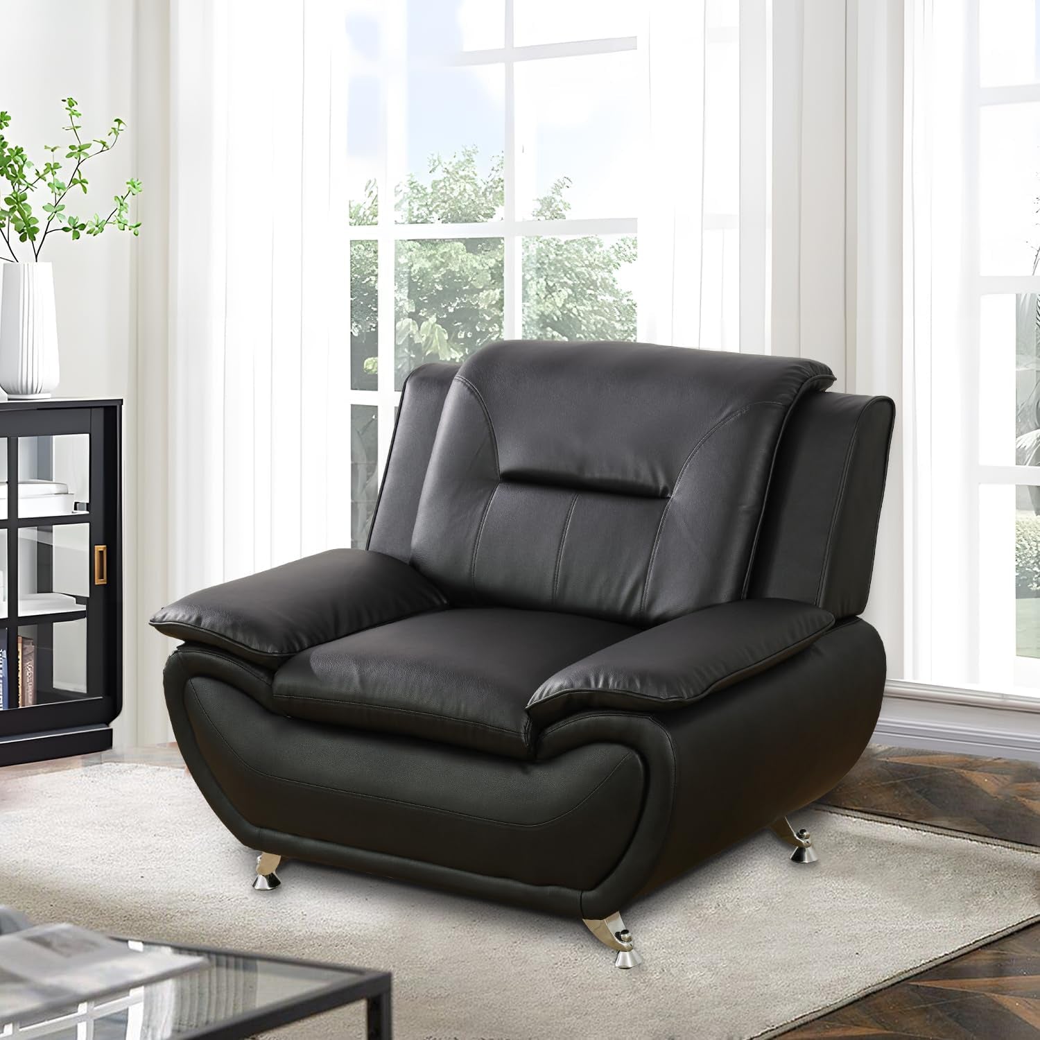 Living Room Furniture Set, Faux Leather Sofa Couch Set, 3 Pieces Modern Sofa Set for Living Room/Apartment/Office (Black)-3