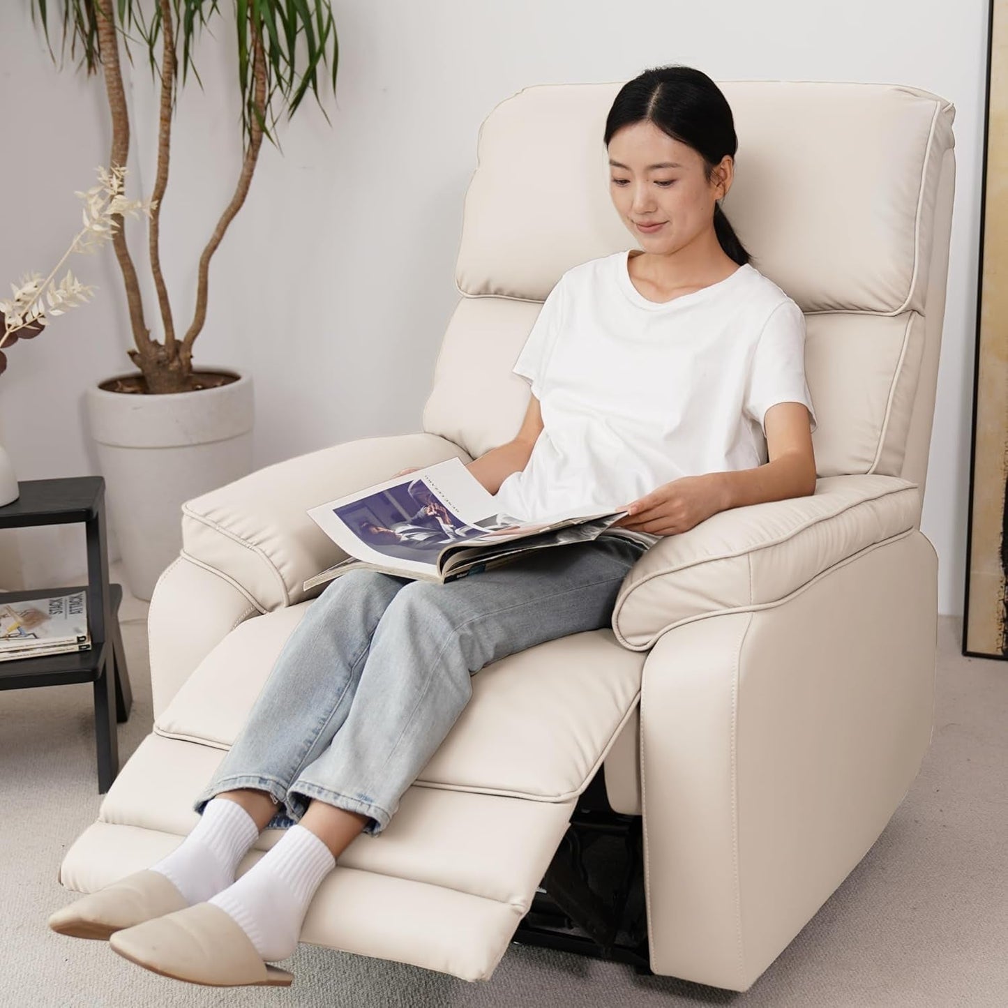 XR4 Genuine Leather Recliner Chair, Power Swivel Rocker Glider with Manual Headrest & Lumbar Support, USB Charging, Elegant Sofa for Living Room & Nursery, Cream-3