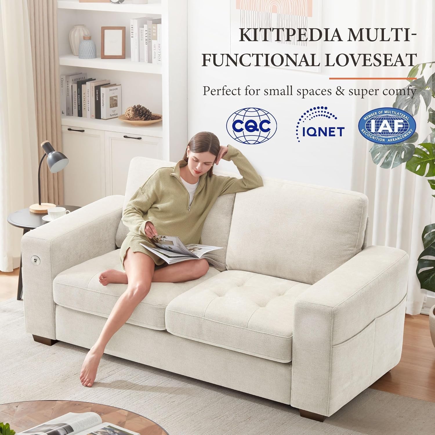 Sofa 70 Inch Loveseat with Usb/Type-C Charging Port & Side Pocket, Comfy Modern 2-Seats Sofa for Living Room & Bedroom, Removable Medium Firm Sofa Cushion, Breathable Chenille Fabric, Beige-1