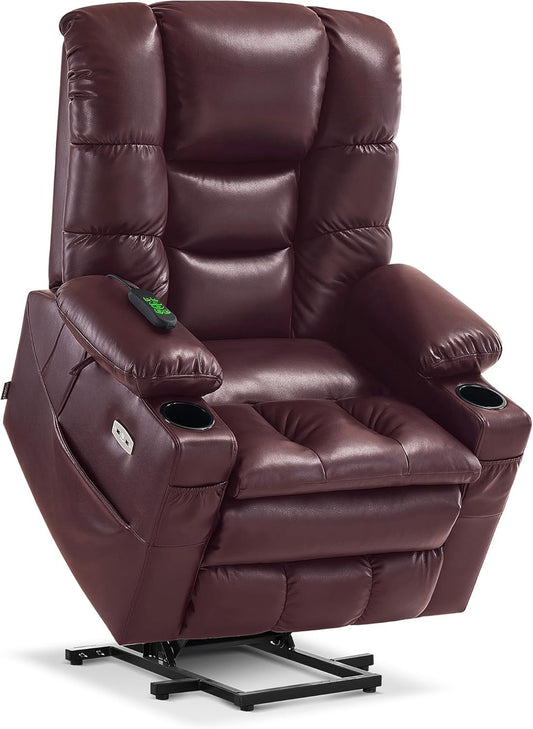 Dual Motor Power Lift Recliner Chair with Massage and Dual Heating, Adjustable Headrest for Big and Tall Elderly People, Faux Leather 7634 (Wine, Large-Regular)-0