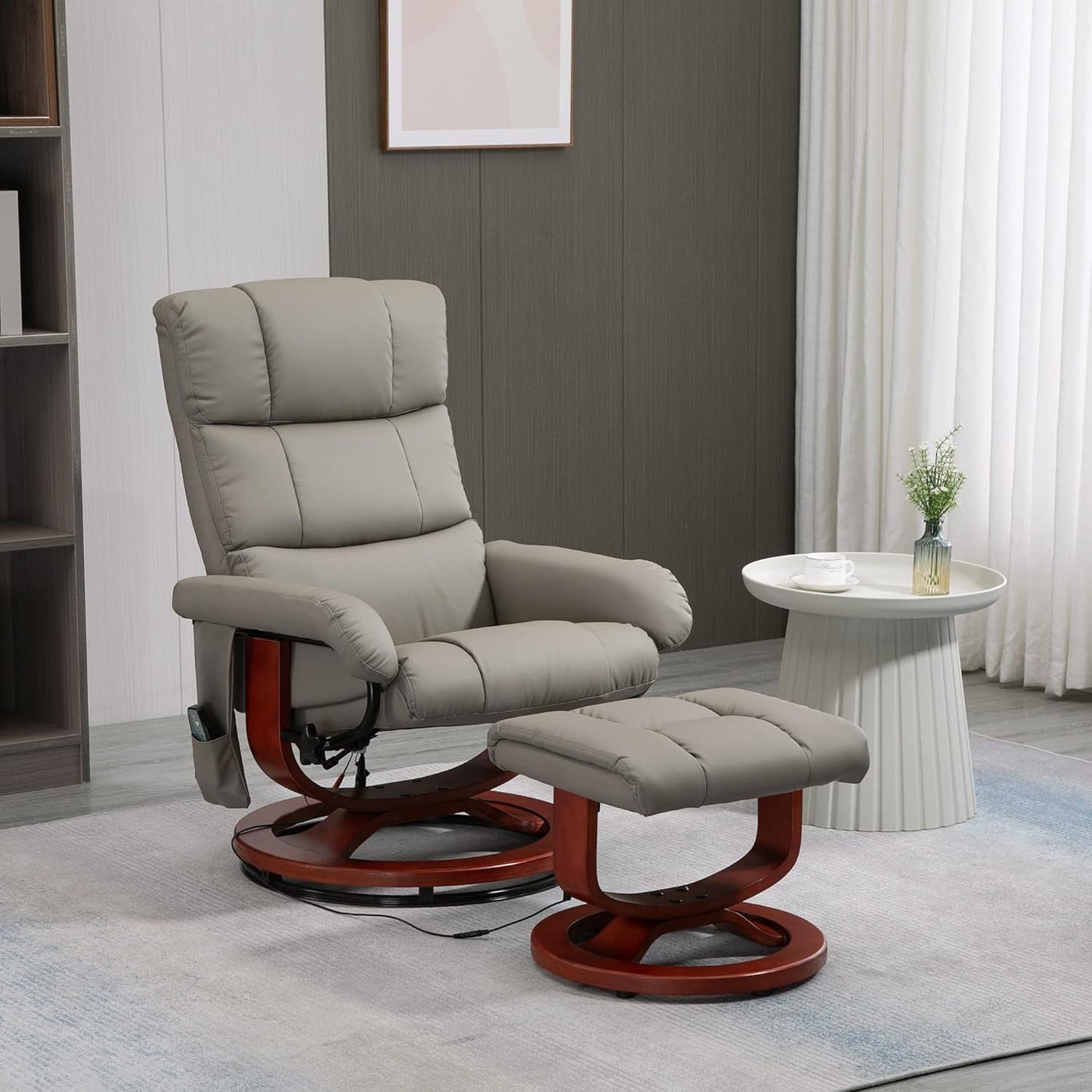 Massage Recliner Chair with Ottoman, Swivel Recliner and Footrest, Faux Leather Reclining Chair with Remote Control and Side Pocket, Gray-1