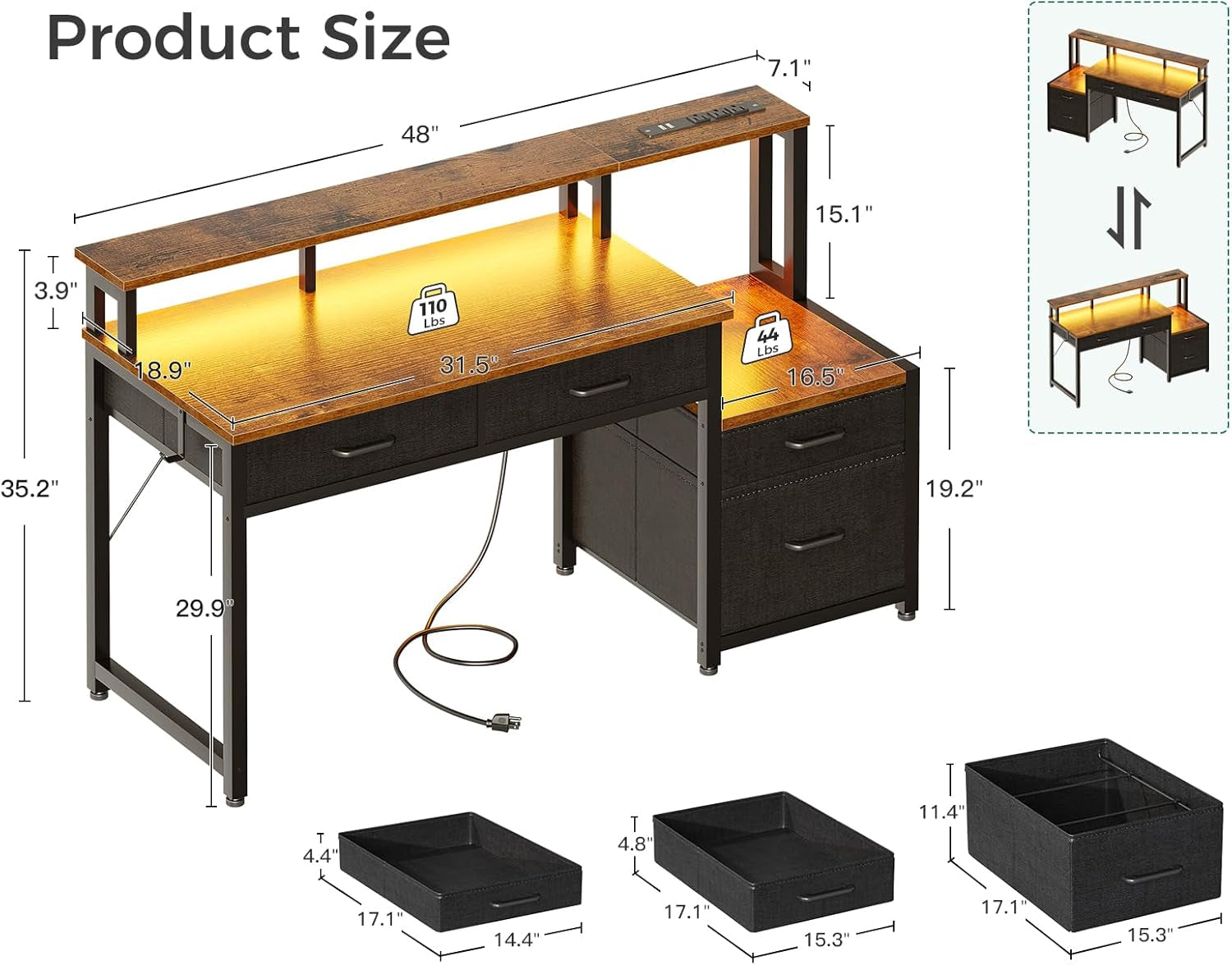 48-Inch Computer Desk with Fabric File Cabinet and Fabric Drawers, Reversible Office Desk with LED Strip and Power Strip, Gaming Desk with Monitor Riser, Writing/Study Table for Home, Vintage-2