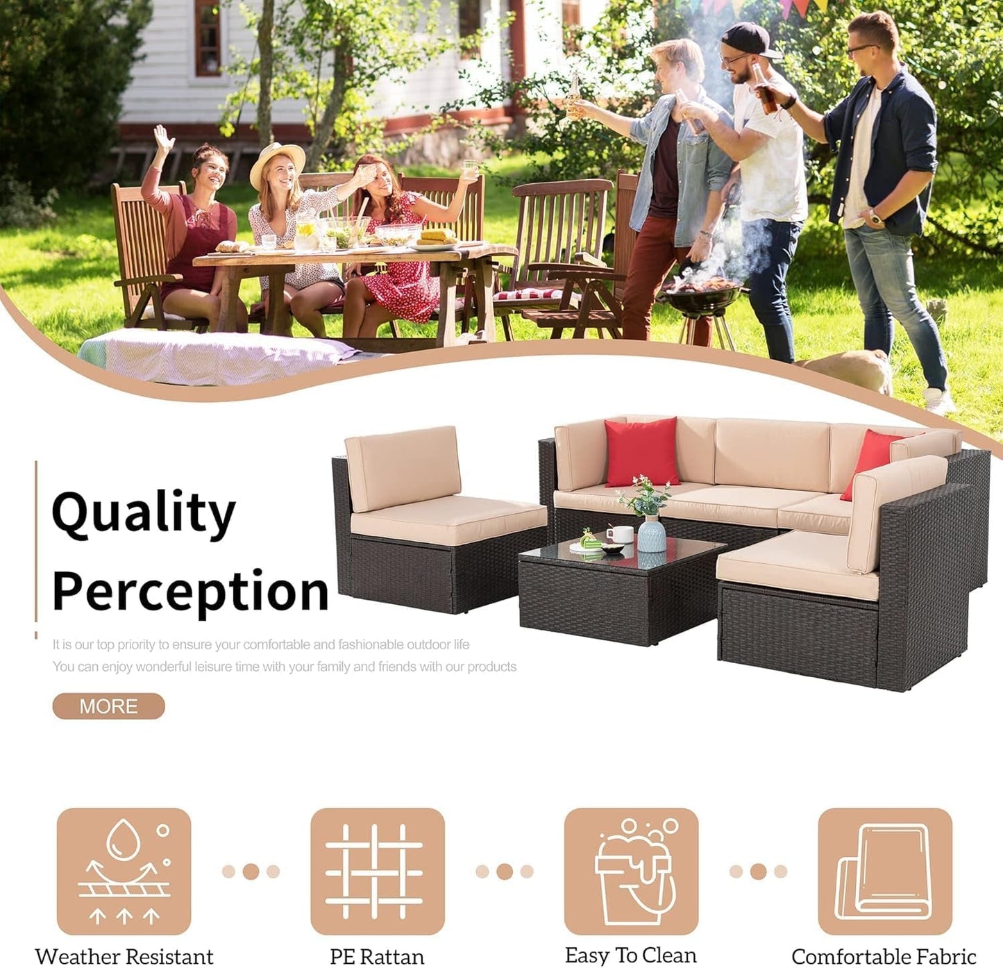 6 Pieces Patio Furniture Sets Outdoor All-Weather Sectional Patio Sofa Set PE Rattan Manual Weaving Wicker Patio Conversation Set with Glass Table&Ottoman Cushion and Red Pillows, Beige-3