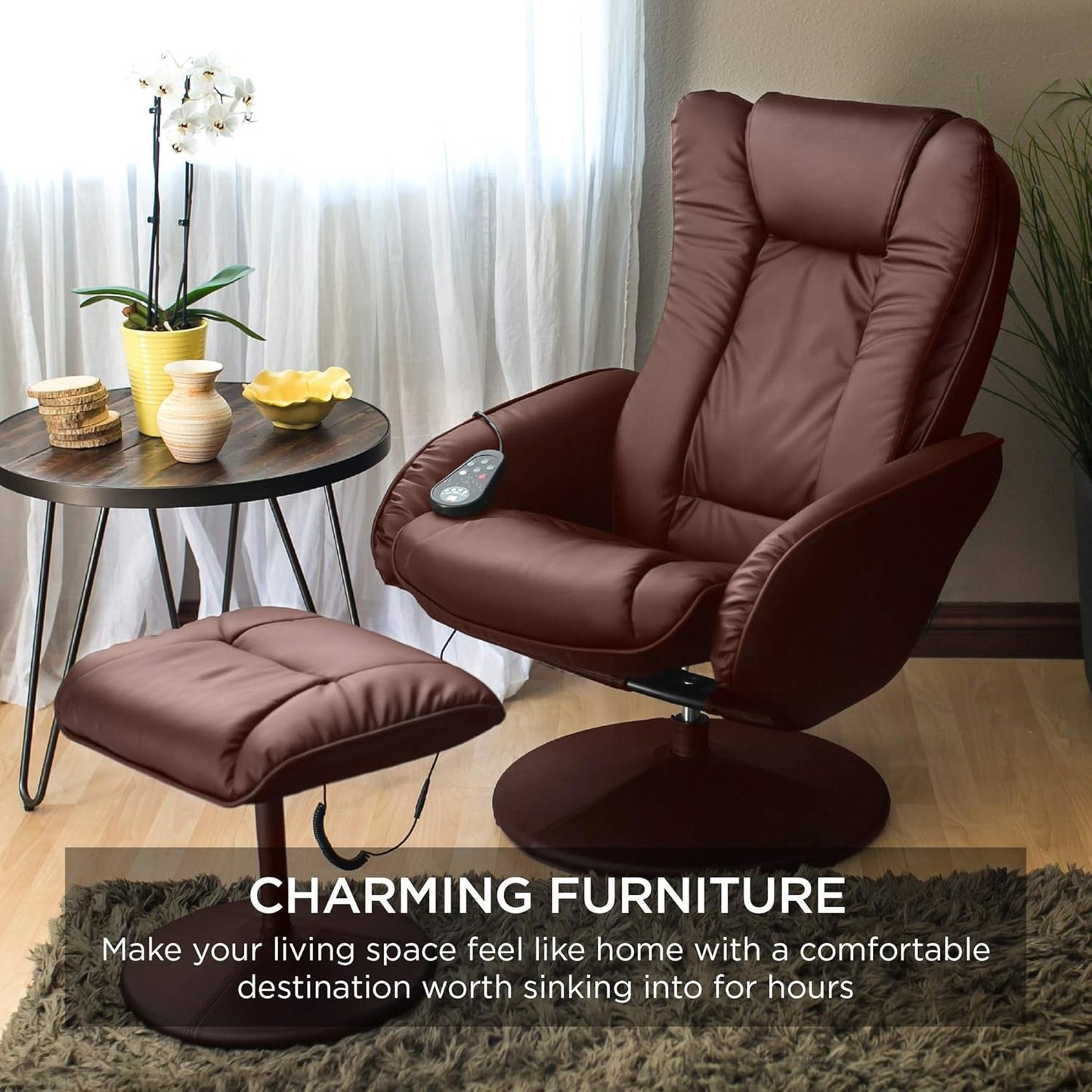 Faux Leather Electric Massage Recliner W/Stool Footrest Ottoman, Remote Control, 5 Heat & Massage Modes, Side Pockets - Brown-3