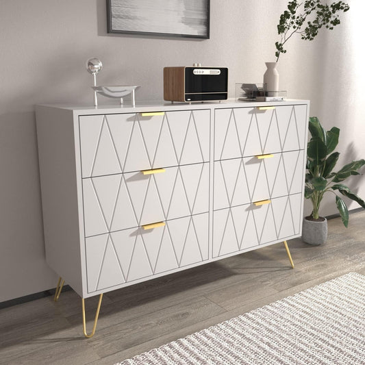 White 6-Drawer Modern Dresser with Metal Handles-0